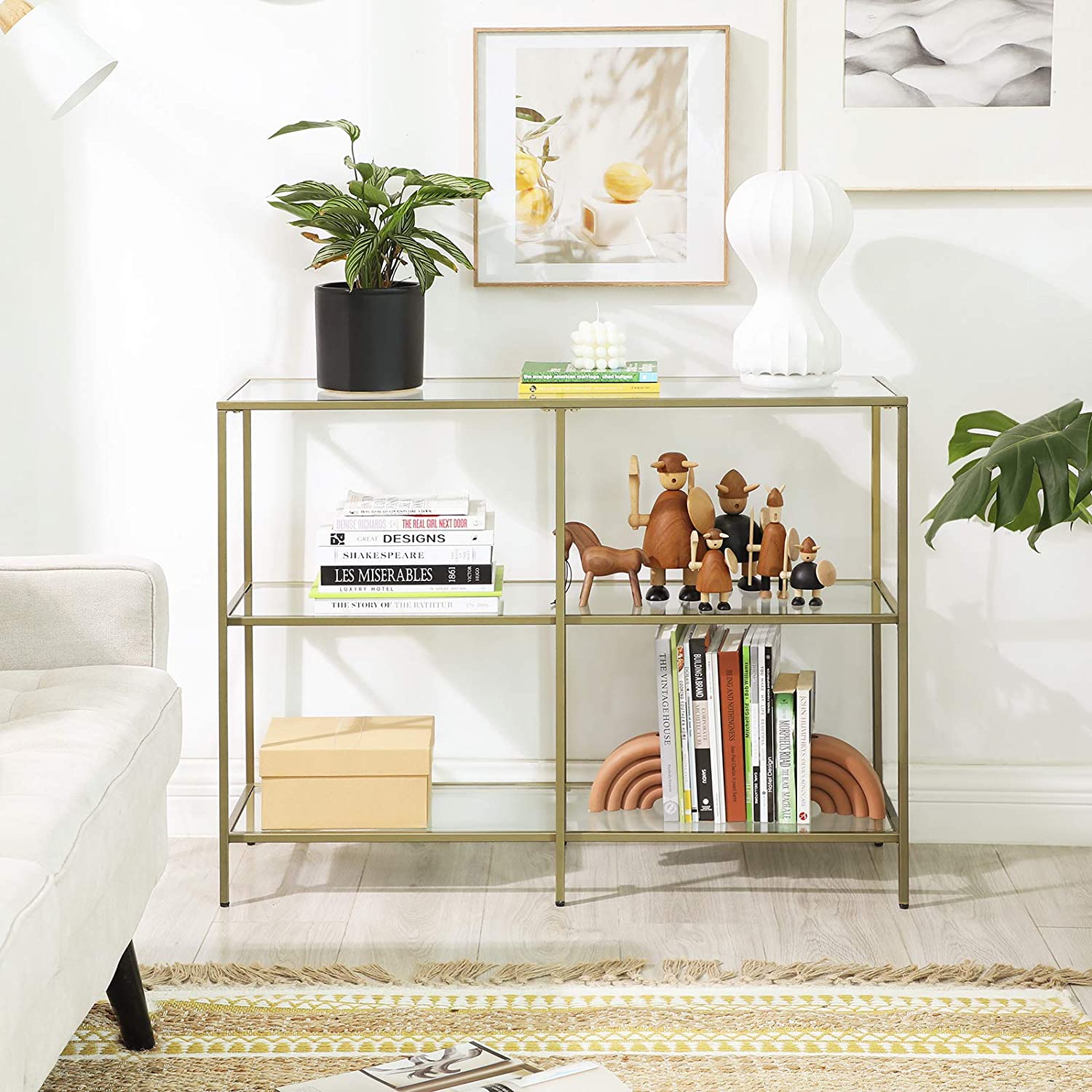Konsolbord, sofabord med 3 hylder, hylde i hærdet glas, 100 x 30 x 73 cm, metalstel, moderne, til entre, stue, soveværelse, guldfarvet LGT27G - Billede 2