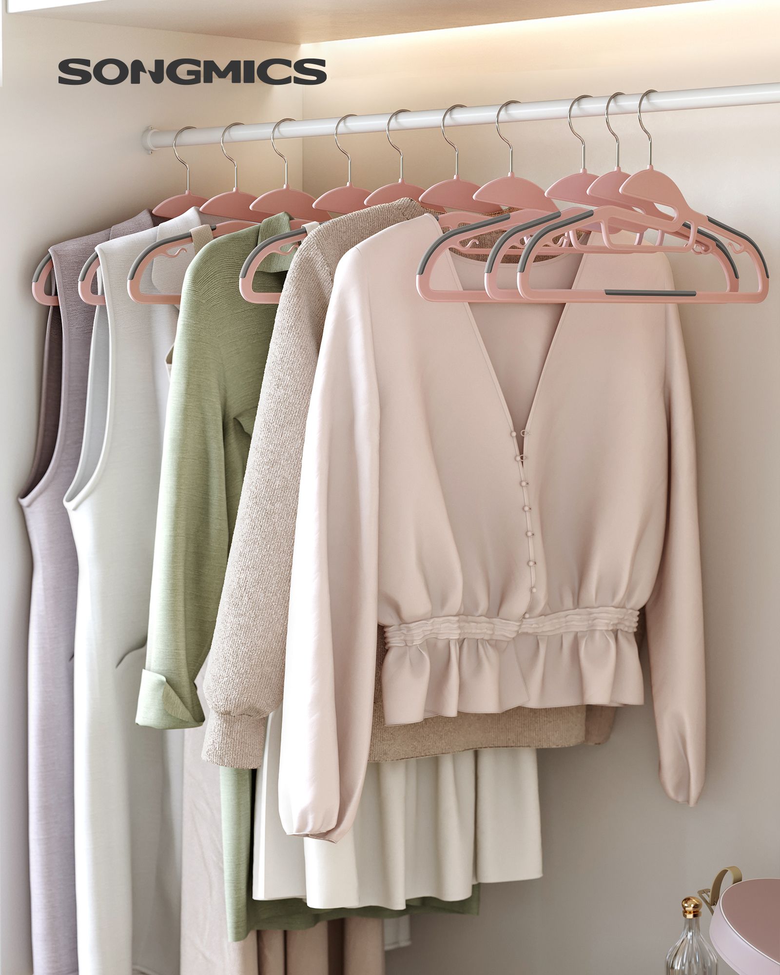 Set of 20 Plastic Hangers, Coat Hangers with U-Shaped Opening, Non-Slip, Space-Saving, 0.5 cm Thick, 41.5 cm Long, 360° Swivel Hook, Pink and Dark Grey - Image 2