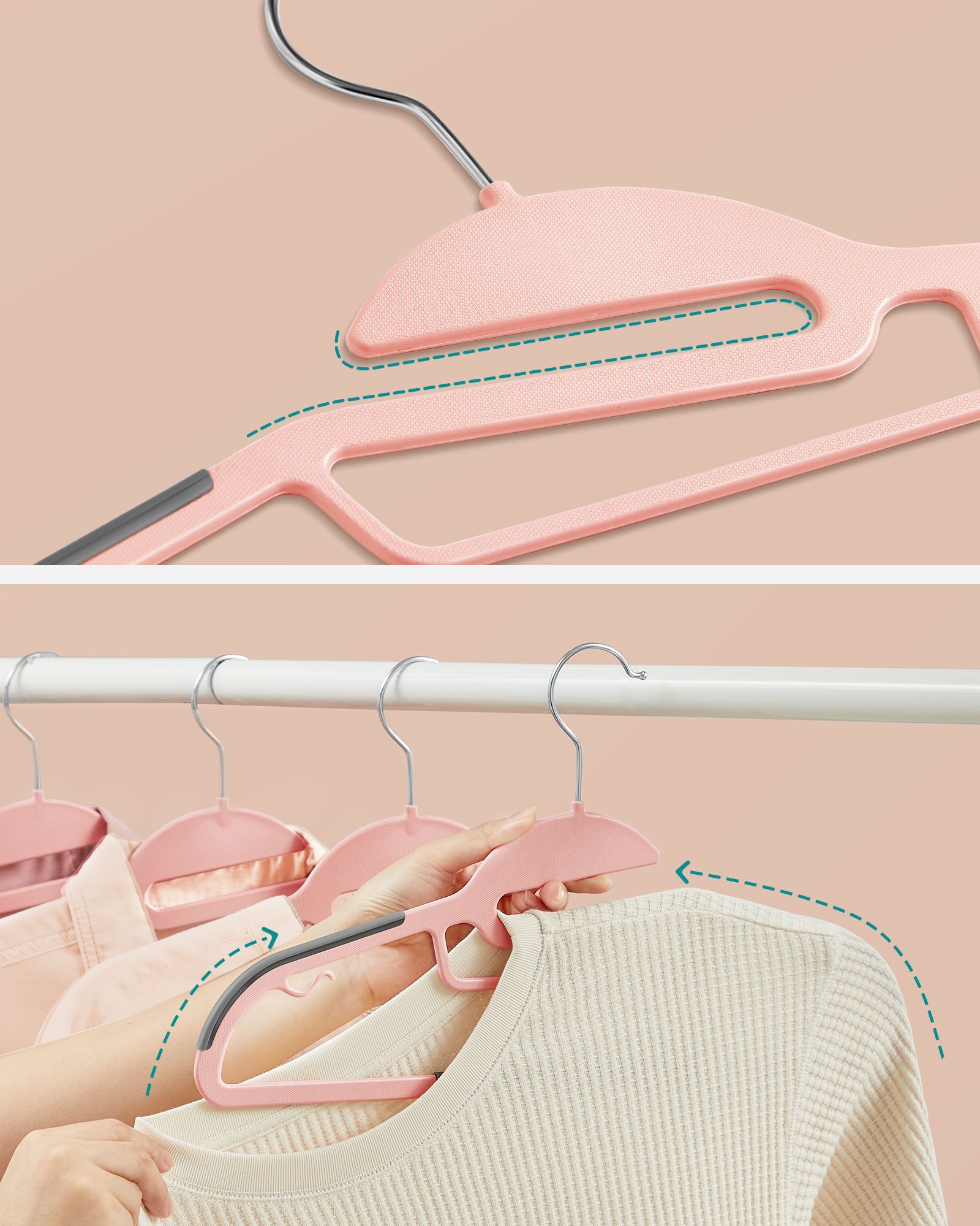 Set of 20 Plastic Hangers, Coat Hangers with U-Shaped Opening, Non-Slip, Space-Saving, 0.5 cm Thick, 41.5 cm Long, 360° Swivel Hook, Pink and Dark Grey - Image 3