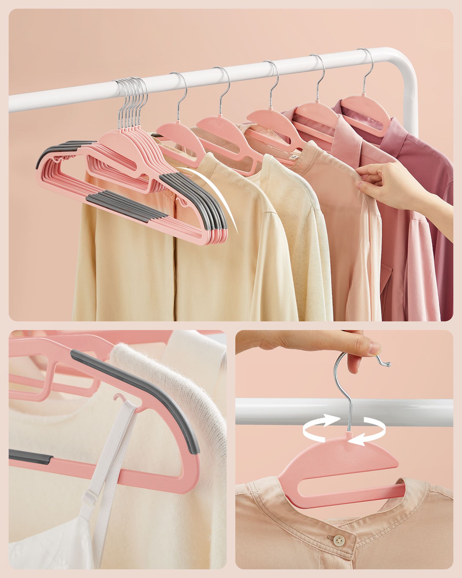 Set of 20 Plastic Hangers, Coat Hangers with U-Shaped Opening, Non-Slip, Space-Saving, 0.5 cm Thick, 41.5 cm Long, 360° Swivel Hook, Pink and Dark Grey - Image 4