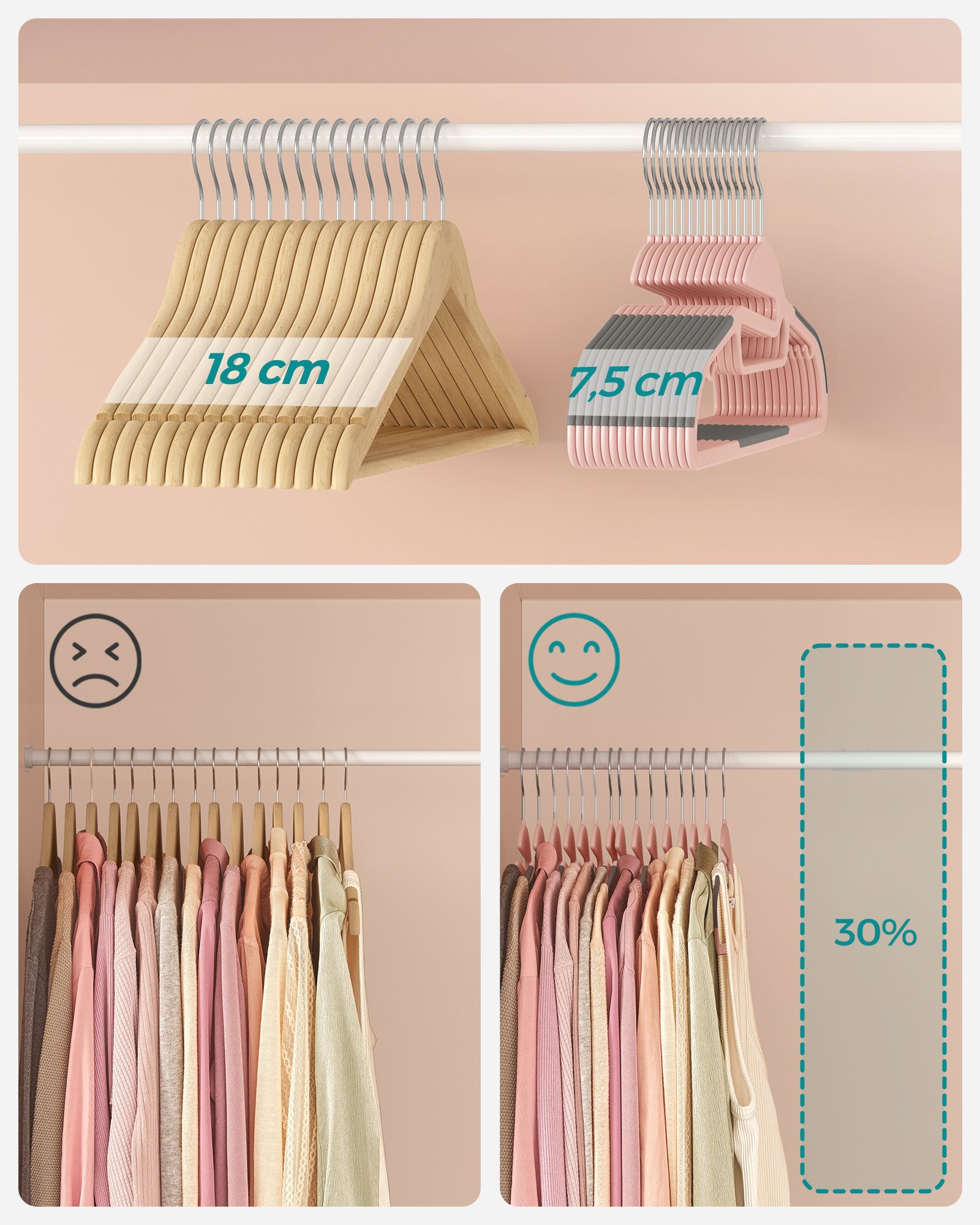Set of 20 Plastic Hangers, Coat Hangers with U-Shaped Opening, Non-Slip, Space-Saving, 0.5 cm Thick, 41.5 cm Long, 360° Swivel Hook, Pink and Dark Grey - Image 5
