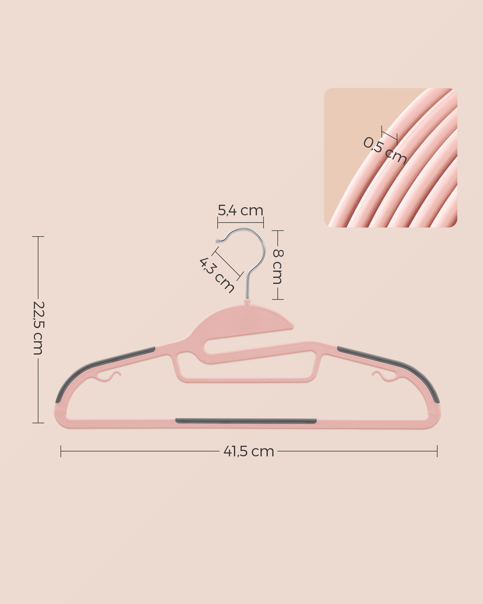 Set of 20 Plastic Hangers, Coat Hangers with U-Shaped Opening, Non-Slip, Space-Saving, 0.5 cm Thick, 41.5 cm Long, 360° Swivel Hook, Pink and Dark Grey - Image 6