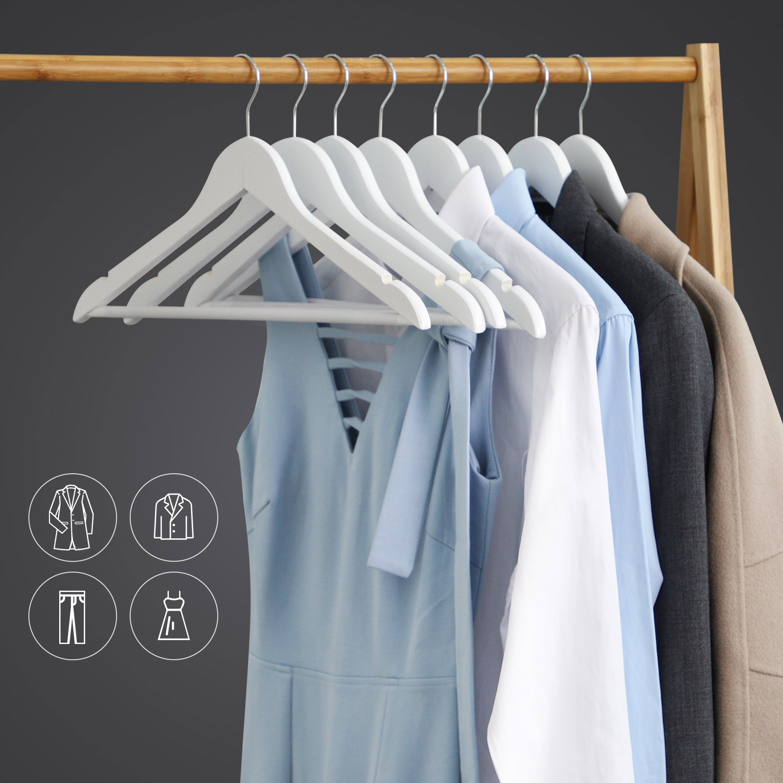 Wooden Hangers, 30 Pieces, Rack with Shoulder Grooves, Non-slip Trouser Bar and 360° Swivel Hook, for Complete Shirts Coats, White , Standard, Maple Wood, Metal - Image 3