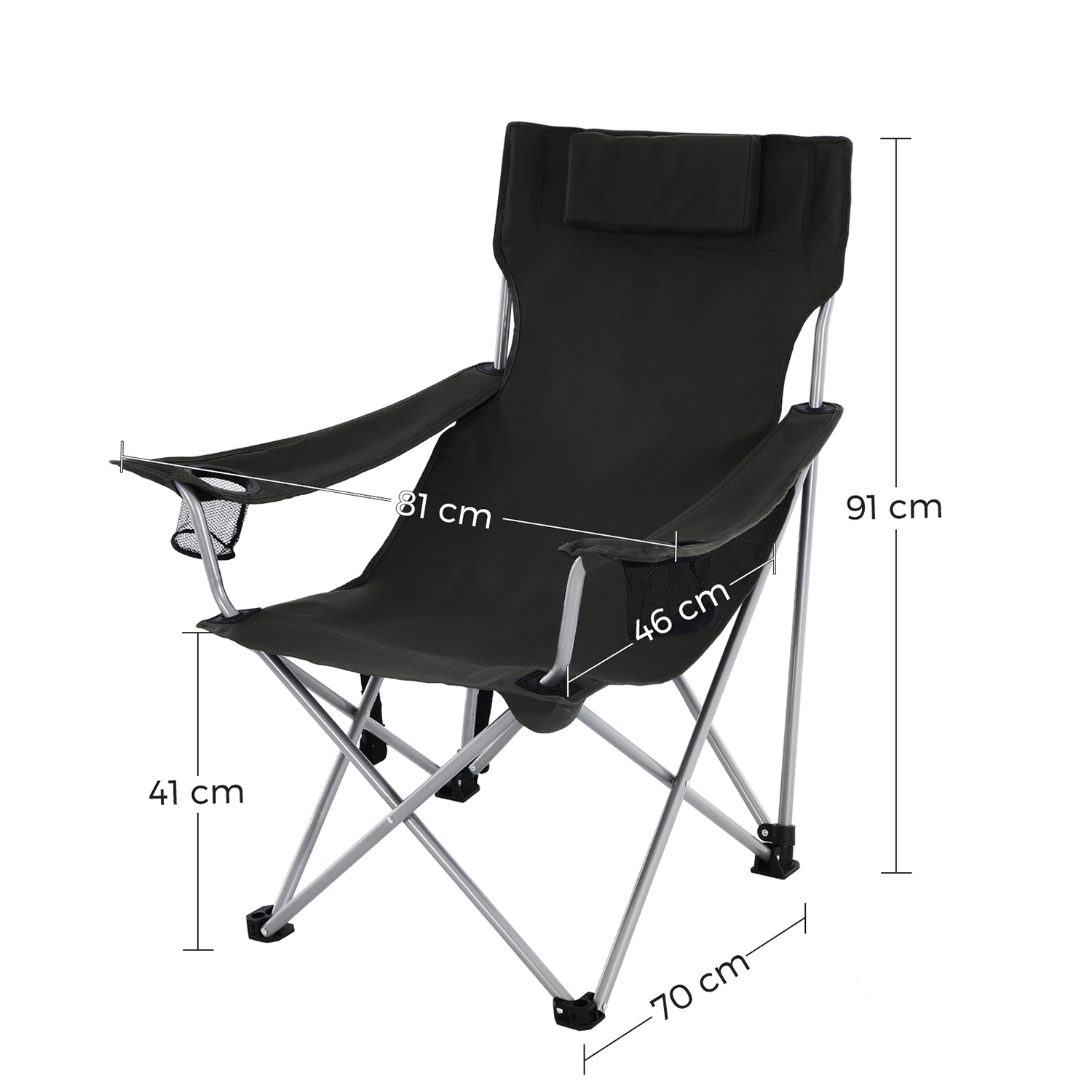 Sammenklappelig campingstol, udendørs stol med armlæn, nakkestøtte og kopholder, stabil konstruktion, maks. kapacitet 150 kg, sort - Billede 6
