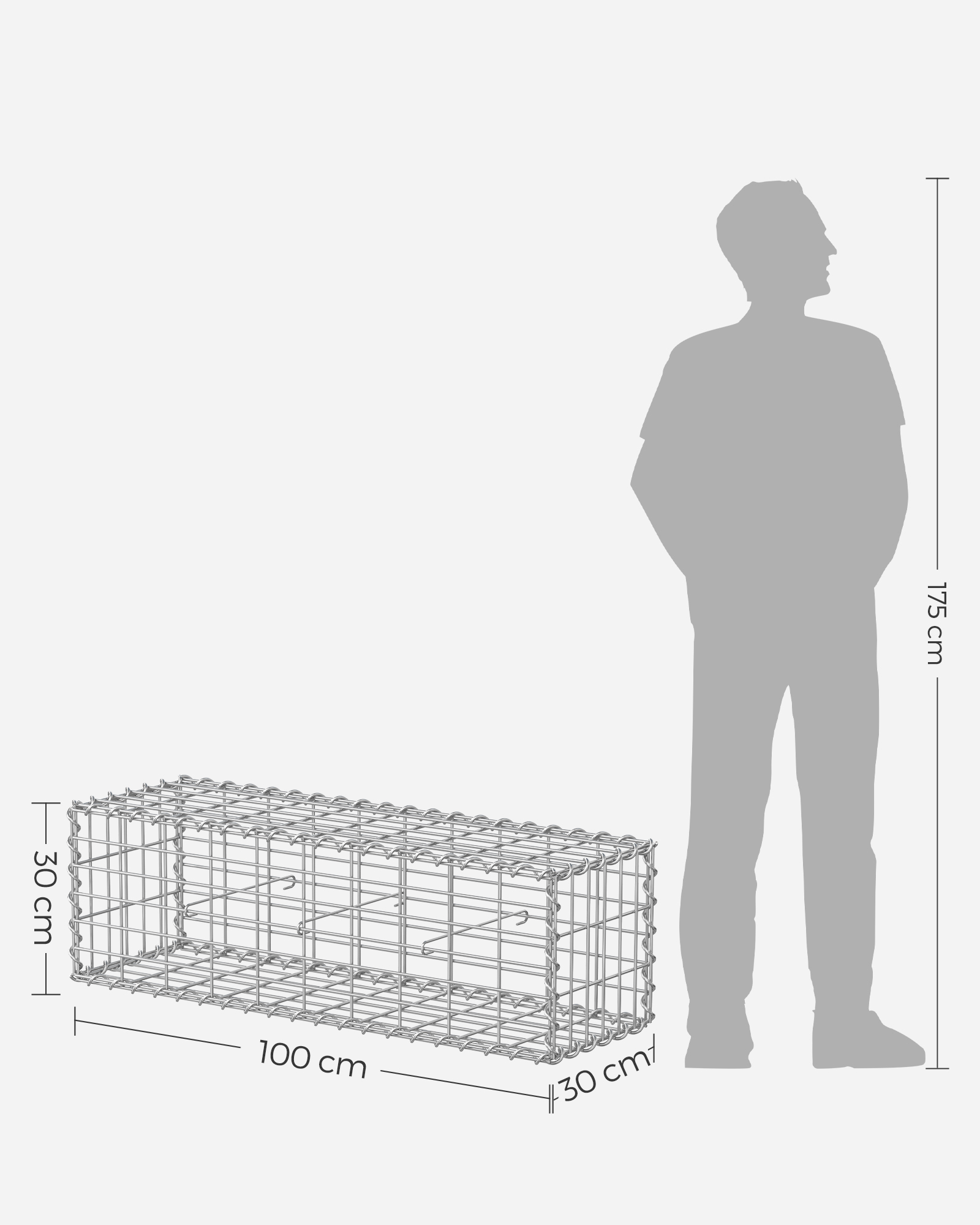 Gabionkurv, Gabionbur av metall med 5 x 10 cm netting for steiner, galvanisert, hagedekorasjonsvegg, 100 x 30 x 30 cm, sølv GGB133 - Bilde 5