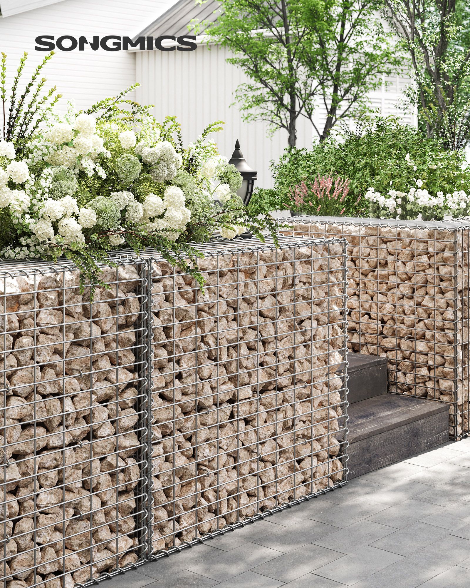 Gabionkurv, Gabionbur av metall med 5 x 10 cm netting for steiner, galvanisert, hagedekorasjonsvegg, 100 x 90 x 30 cm, sølv GGB193 - Bilde 2