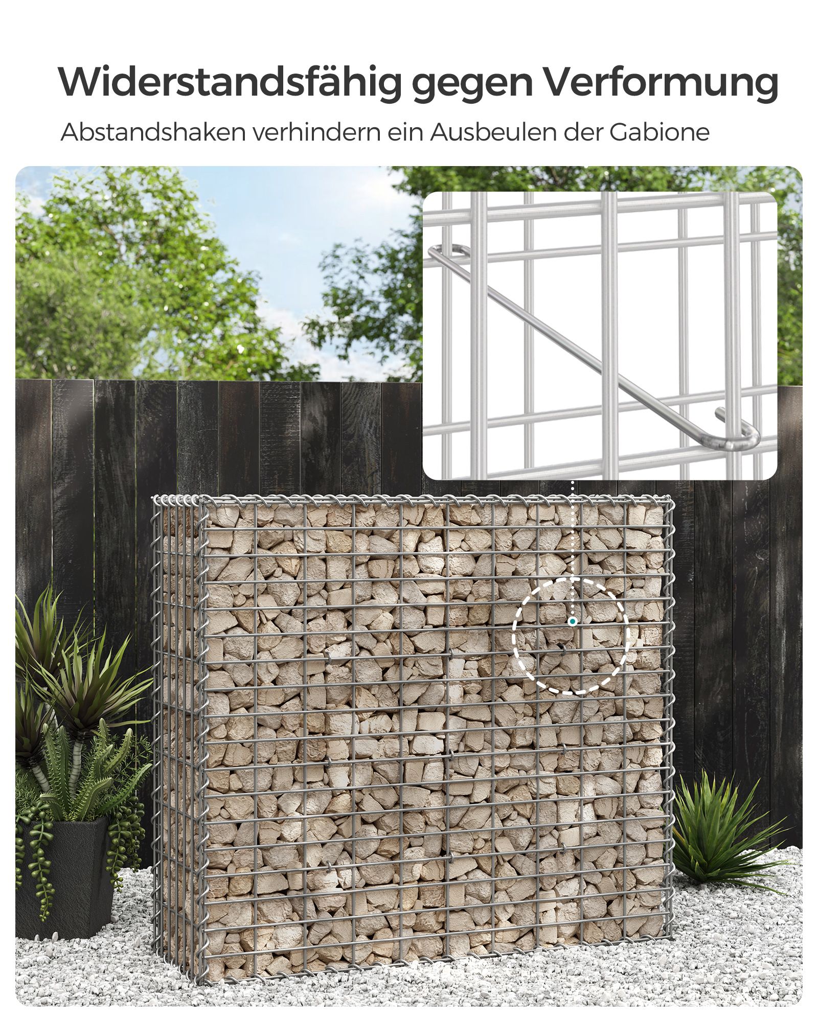 Gabionkurv, Gabionbur av metall med 5 x 10 cm netting for steiner, galvanisert, hagedekorasjonsvegg, 100 x 90 x 30 cm, sølv GGB193 - Bilde 4