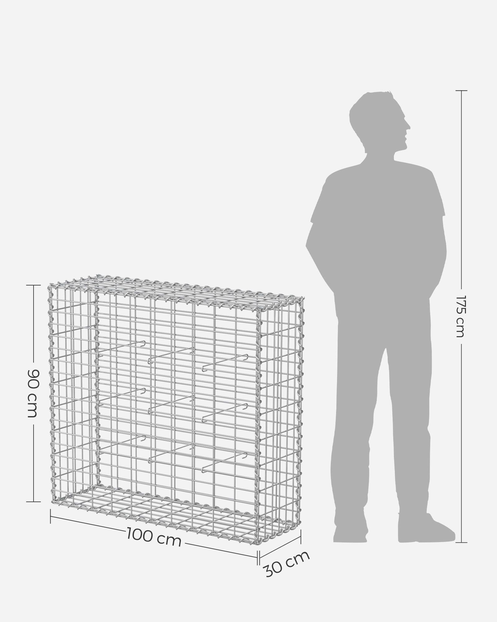 Gabionkurv, Gabionbur av metall med 5 x 10 cm netting for steiner, galvanisert, hagedekorasjonsvegg, 100 x 90 x 30 cm, sølv GGB193 - Bilde 5