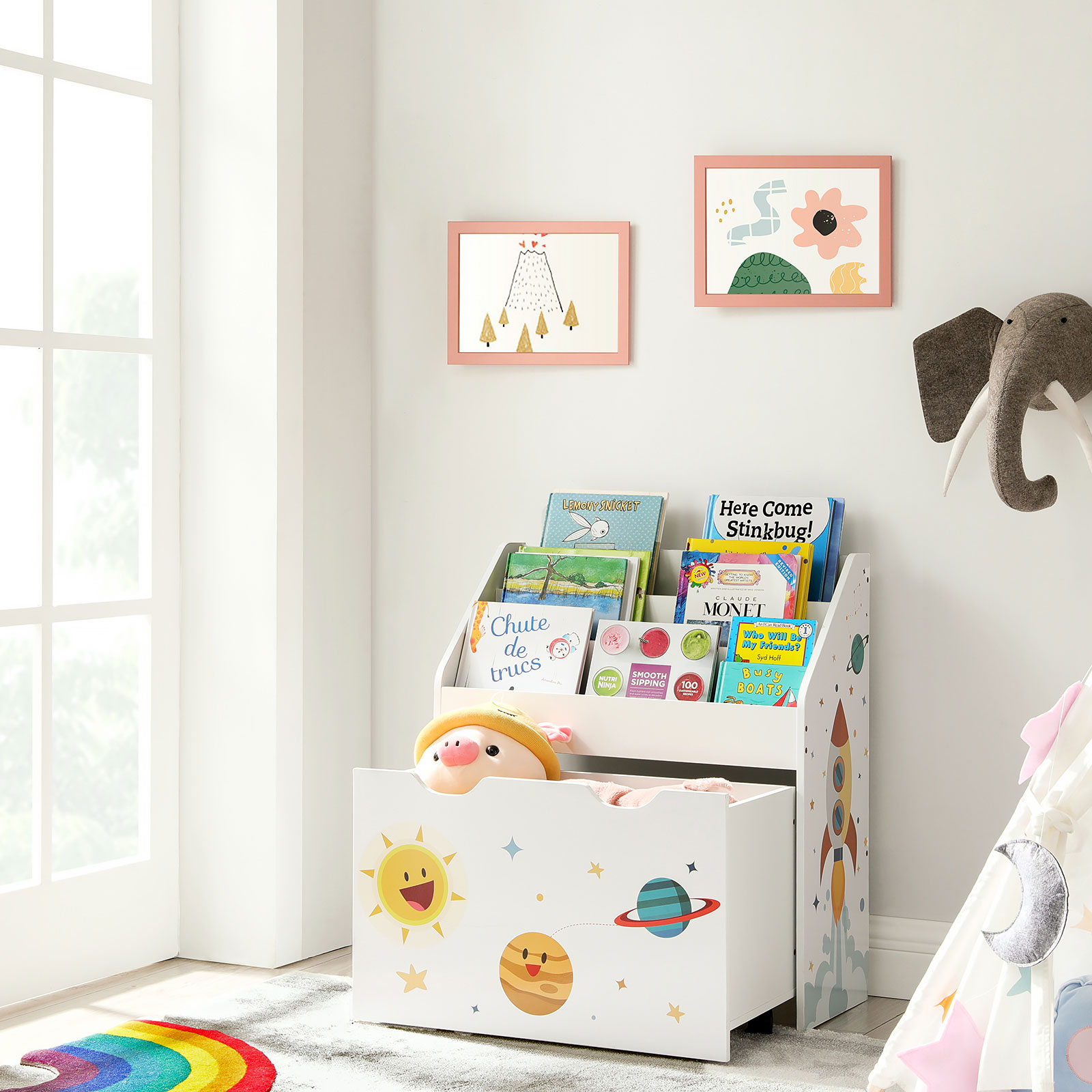 Toy Organiser, Children's Bookshelf with 3 Shelves, Removable Storage Box with Wheels, Multipurpose, for Children's Room and Playroom, White GKR41WT