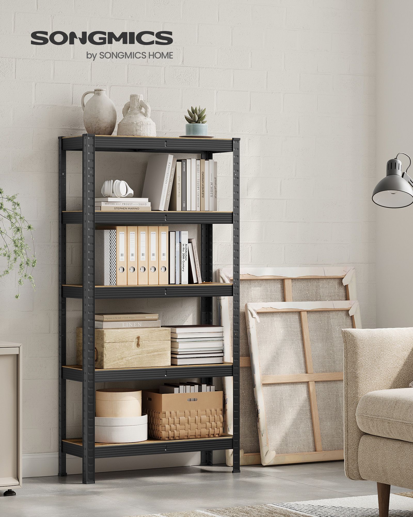 Shelving Unit, 30 x 75 x 150 cm, 650 kg Load Capacity (130 kg per Shelf), Industrial, Adjustable Storage Shelves, for Living Room, Kitchen, Garage, Rustic Brown and Black GLR030B01 - Image 2