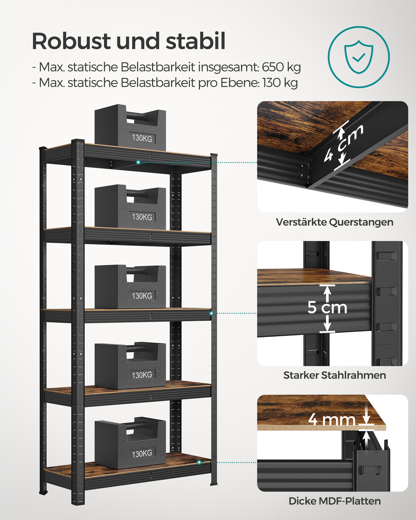 Shelving Unit, 30 x 75 x 150 cm, 650 kg Load Capacity (130 kg per Shelf), Industrial, Adjustable Storage Shelves, for Living Room, Kitchen, Garage, Rustic Brown and Black GLR030B01 - Image 3