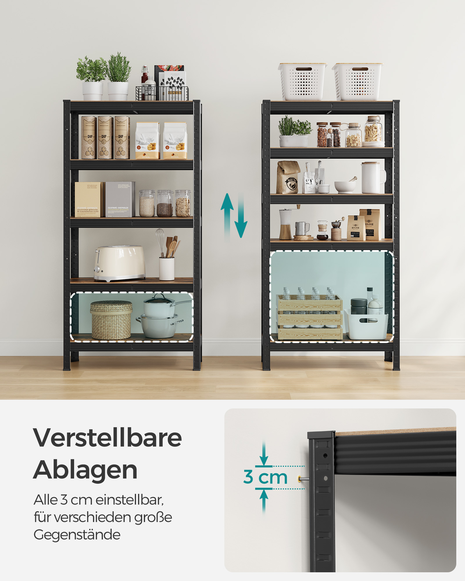 Shelving Unit, 30 x 75 x 150 cm, 650 kg Load Capacity (130 kg per Shelf), Industrial, Adjustable Storage Shelves, for Living Room, Kitchen, Garage, Rustic Brown and Black GLR030B01 - Image 4