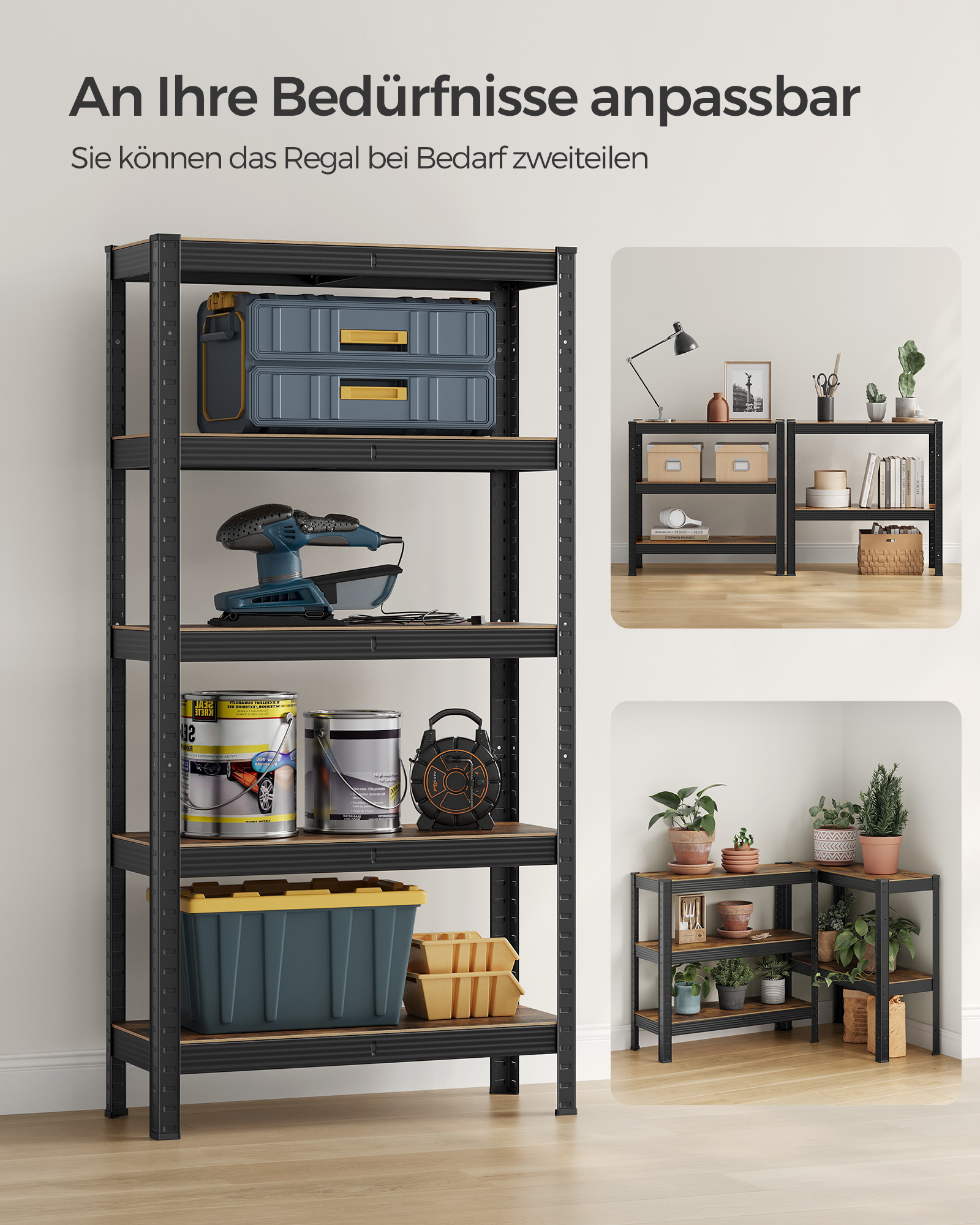 Shelving Unit, 30 x 75 x 150 cm, 650 kg Load Capacity (130 kg per Shelf), Industrial, Adjustable Storage Shelves, for Living Room, Kitchen, Garage, Rustic Brown and Black GLR030B01 - Image 6