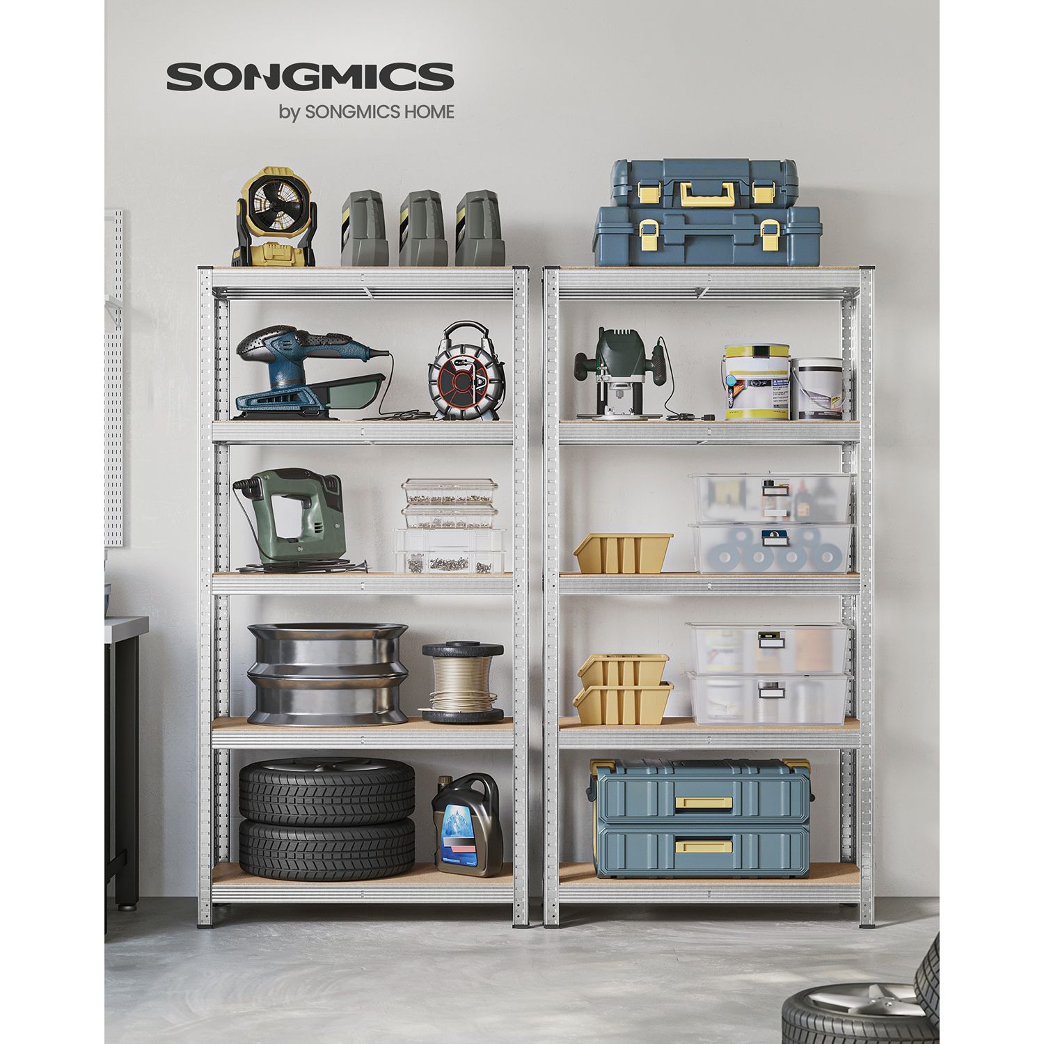 5-Tier Shelving Units, Set of 2 Steel Shelving Units for Storage, Tool-Free Assembly, for Garage, Shed, Load Capacity 875 kg, 40 x 90 x 180 cm, Silver GLR040E02 - Image 2