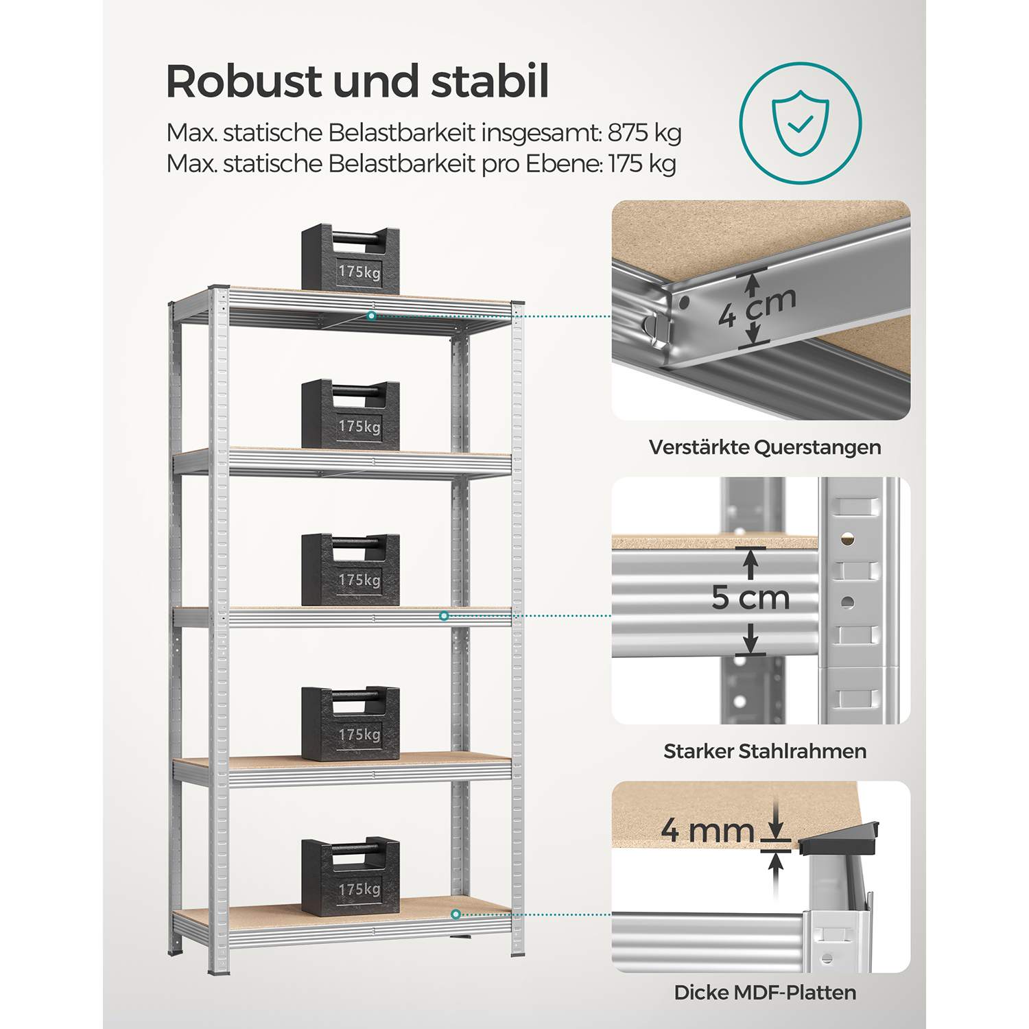 5-Tier Shelving Units, Set of 2 Steel Shelving Units for Storage, Tool-Free Assembly, for Garage, Shed, Load Capacity 875 kg, 40 x 90 x 180 cm, Silver GLR040E02 - Image 3