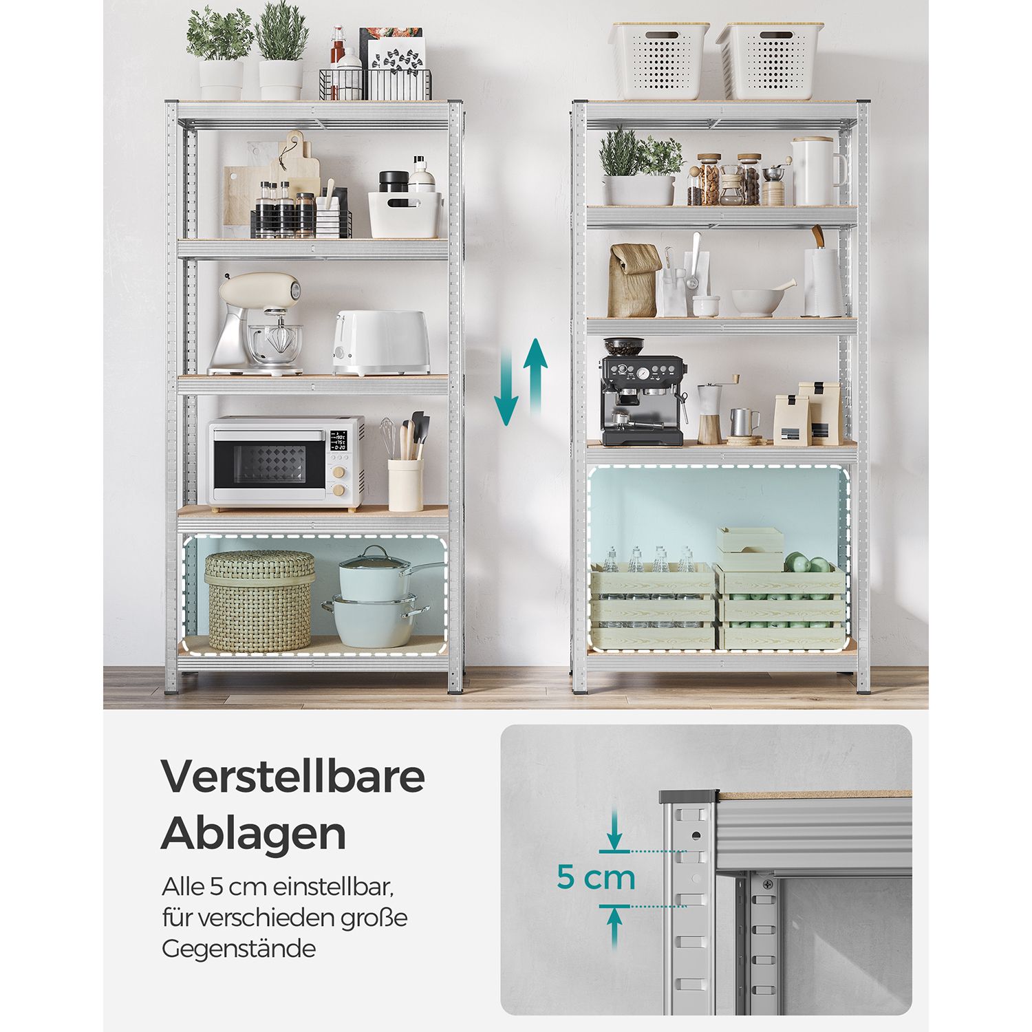 5-Tier Shelving Units, Set of 2 Steel Shelving Units for Storage, Tool-Free Assembly, for Garage, Shed, Load Capacity 875 kg, 40 x 90 x 180 cm, Silver GLR040E02 - Image 4