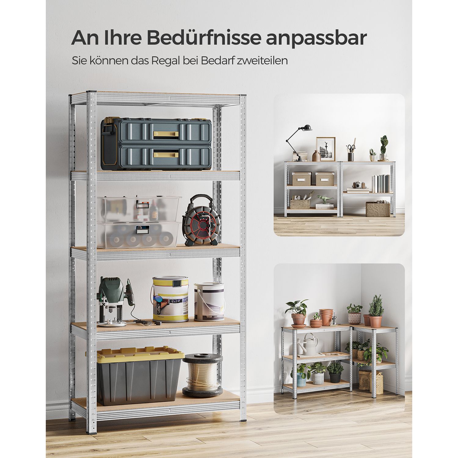 5-Tier Shelving Units, Set of 2 Steel Shelving Units for Storage, Tool-Free Assembly, for Garage, Shed, Load Capacity 875 kg, 40 x 90 x 180 cm, Silver GLR040E02 - Image 6