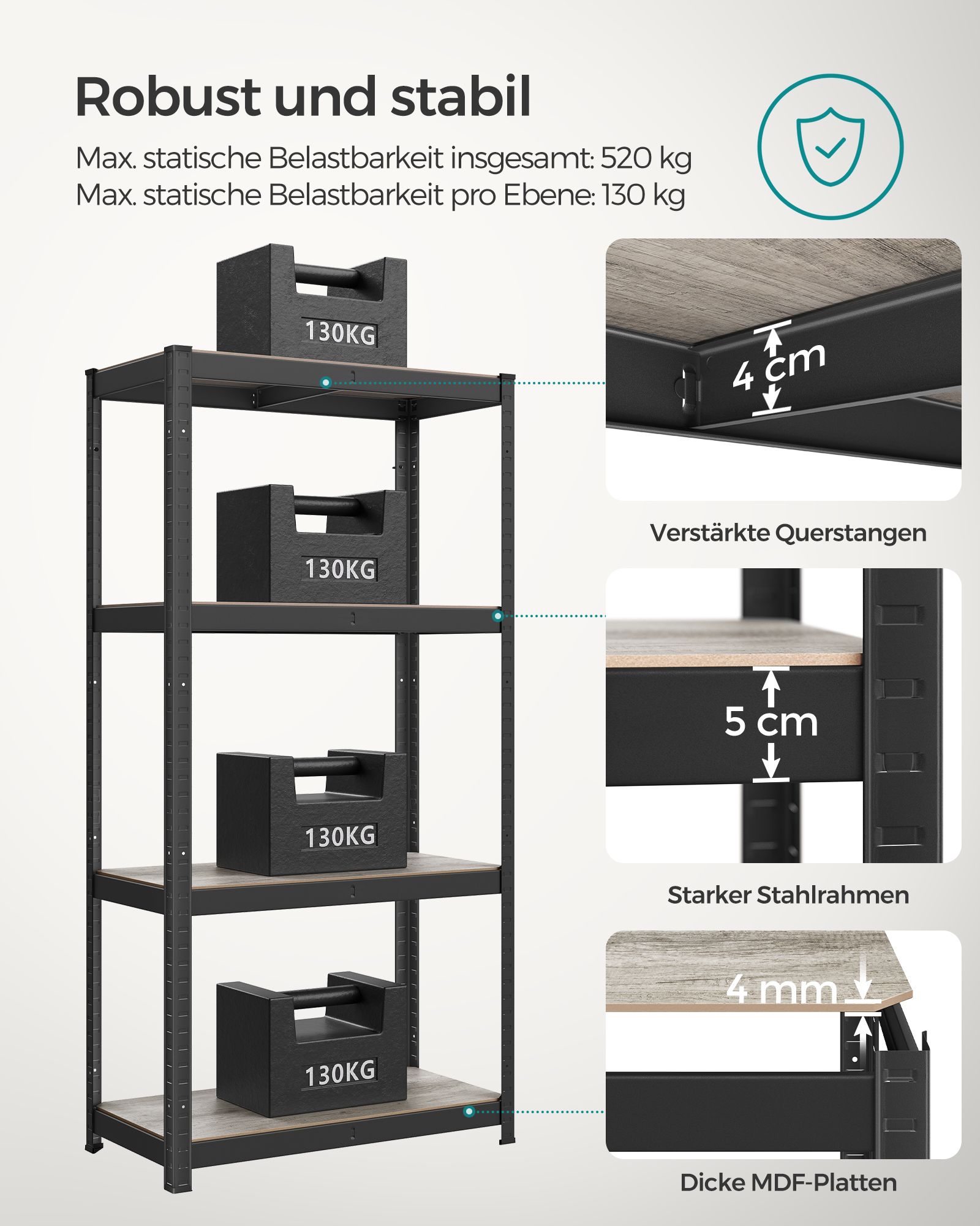 Standing shelf 40 x 80 x 160 cm with 4 adjustable shelves - Image 4