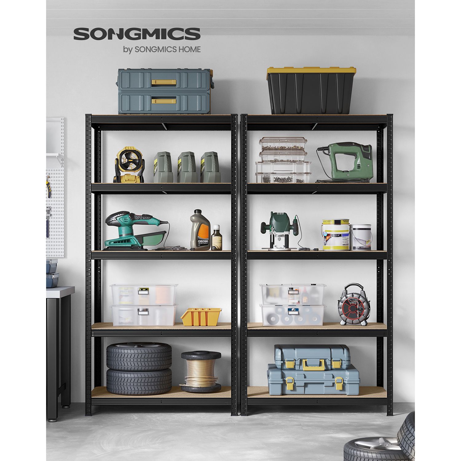 5-Tier Shelving Units, Set of 2 Steel Shelving Units for Storage, Tool-Free Assembly, for Garage, Shed, Load Capacity 600 kg, 50 x 100 x 200 cm, Black GLR050B02 - Image 2