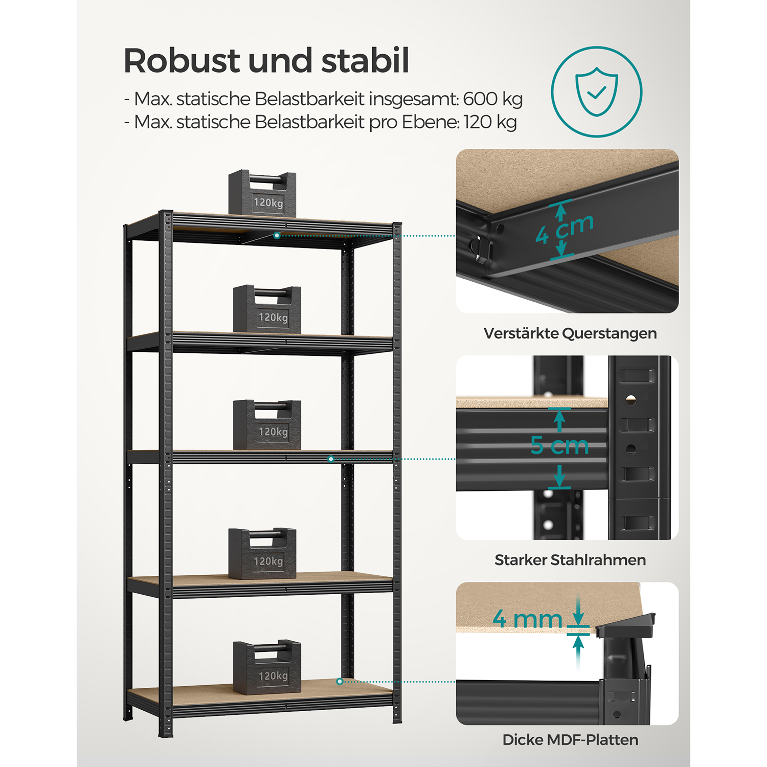 5-Tier Shelving Units, Set of 2 Steel Shelving Units for Storage, Tool-Free Assembly, for Garage, Shed, Load Capacity 600 kg, 50 x 100 x 200 cm, Black GLR050B02 - Image 4
