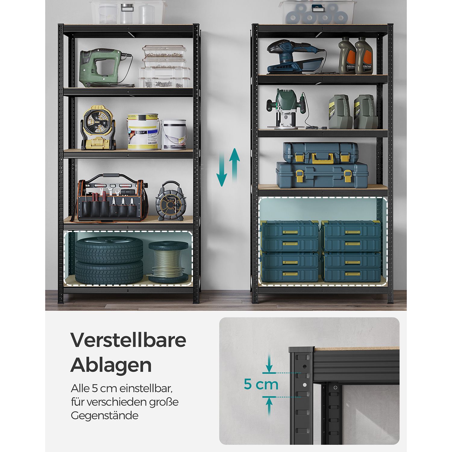 5-Tier Shelving Units, Set of 2 Steel Shelving Units for Storage, Tool-Free Assembly, for Garage, Shed, Load Capacity 600 kg, 50 x 100 x 200 cm, Black GLR050B02 - Image 5