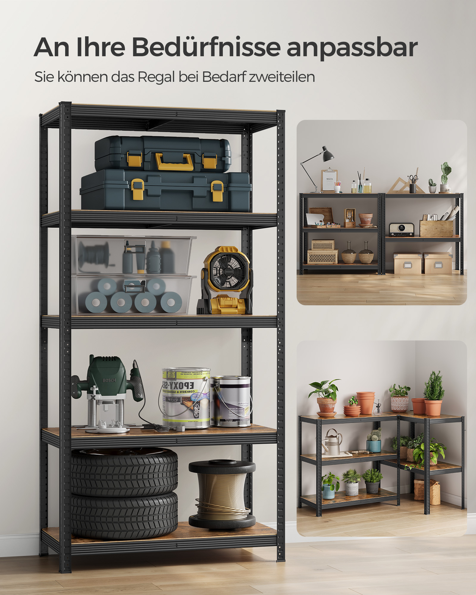 Reol, 50 x 100 x 200 cm, 875 kg belastningskapacitet (175 kg pr. hylde), industrielle, justerbare opbevaringshylder, til stue, køkken, garage, rustik brun og sort GLR050B11 - Billede 6