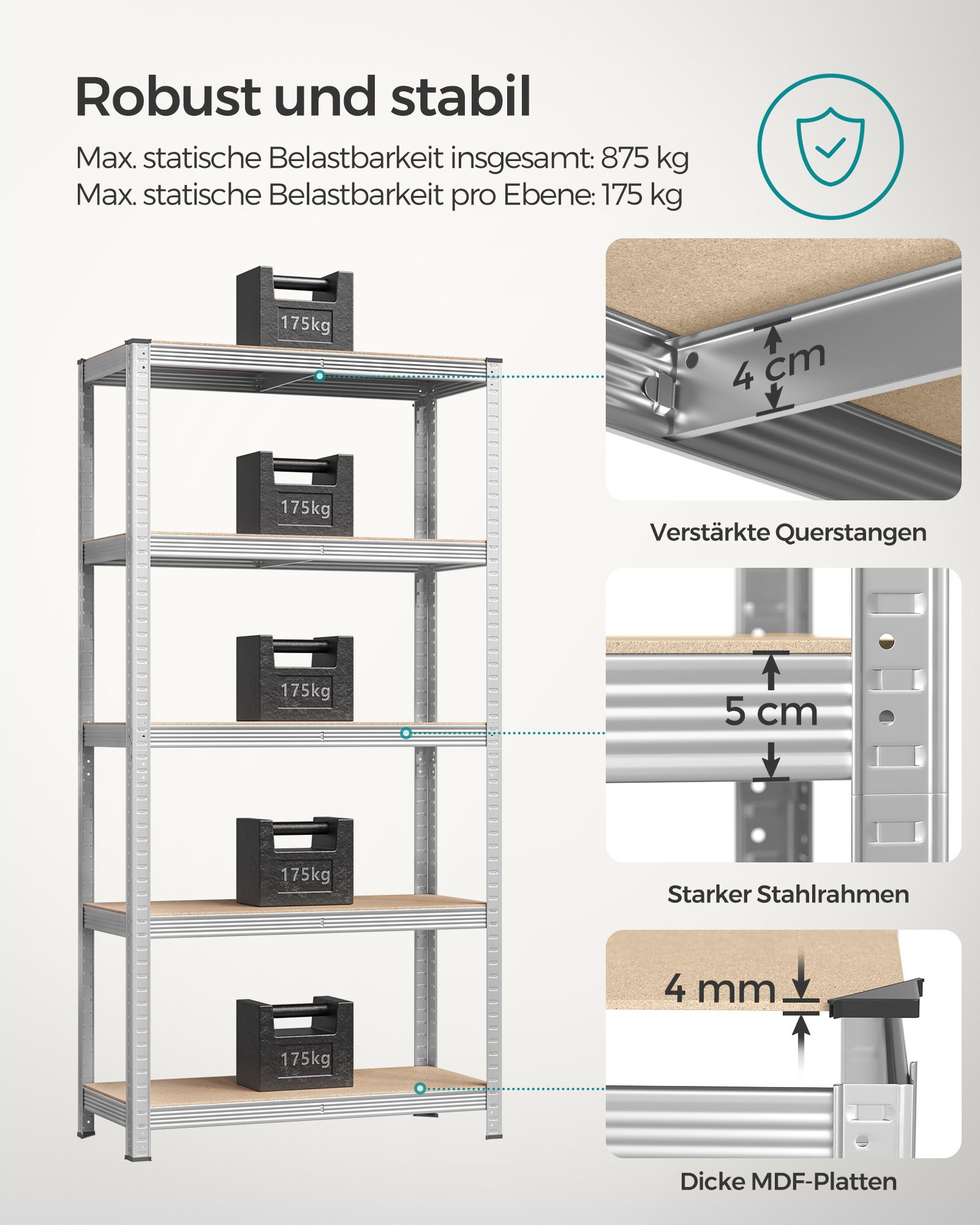 5-Tier Shelving Unit, Steel Shelving Unit for Storage, Tool-Free Assembly, for Garage, Shed, Load Capacity 875 kg, 40 x 90 x 180 cm, Silver GLR40SV - Image 3