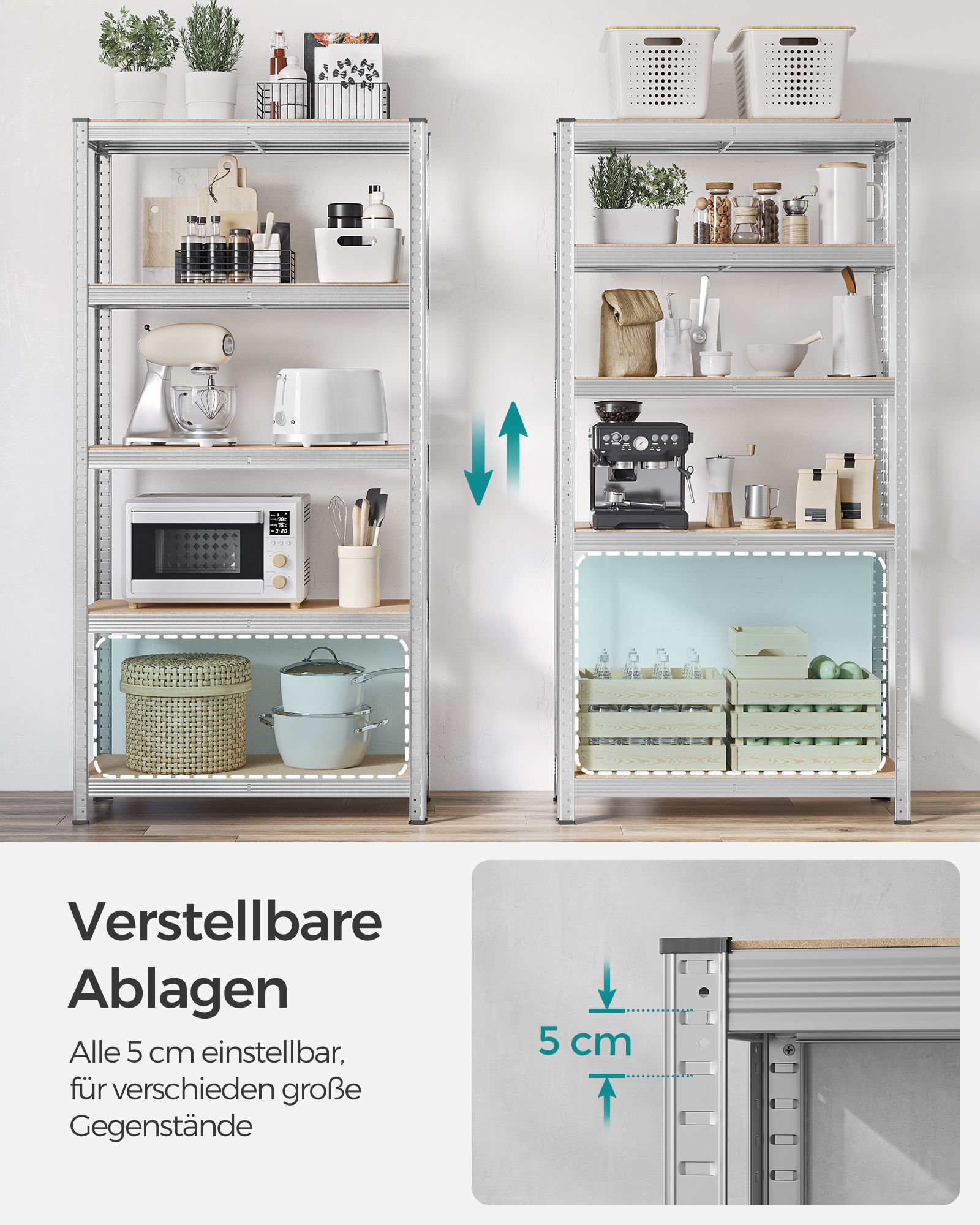 5-Tier Shelving Unit, Steel Shelving Unit for Storage, Tool-Free Assembly, for Garage, Shed, Load Capacity 875 kg, 40 x 90 x 180 cm, Silver GLR40SV - Image 4