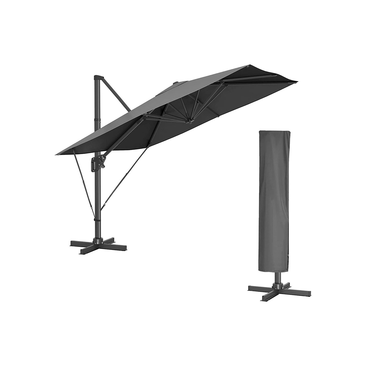 Garden Patio Cantilever Parasol 3 x 3 m, Square Offset Banana Hanging Parasol Umbrella, UPF 50+, 360° rotasjon, justerbar tilt, sveiv for åpning og lukking, med fot, grå GPU039G01