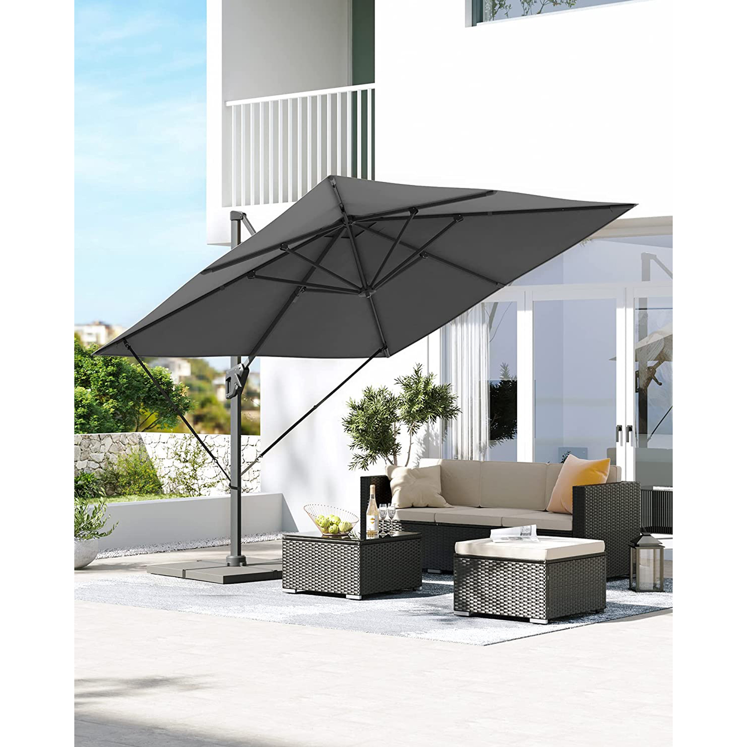 Garden Patio Cantilever Parasol 3 x 3 m, Square Offset Banana Hanging Parasol Umbrella, UPF 50+, 360° rotasjon, justerbar tilt, sveiv for åpning og lukking, med fot, grå GPU039G01 - Bilde 2