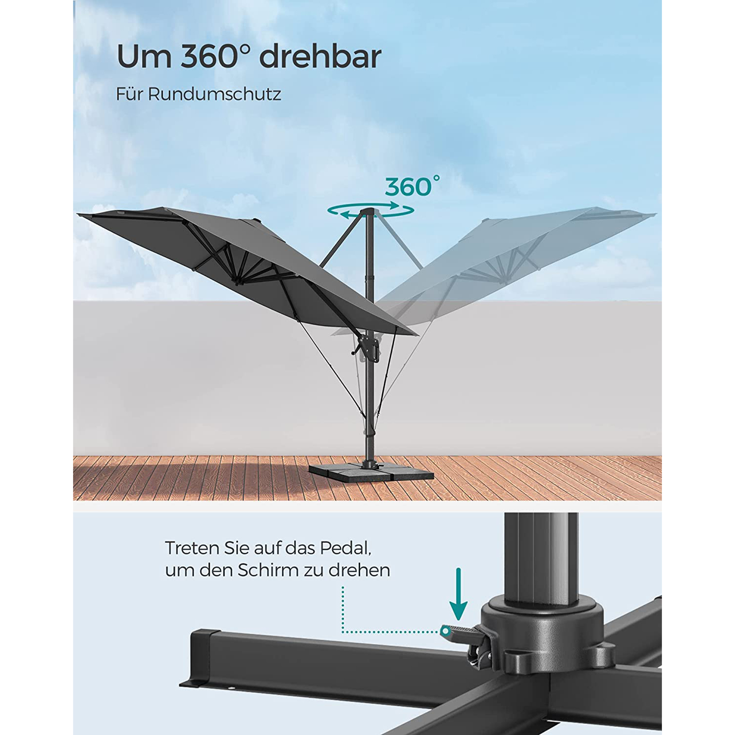 Garden Patio Cantilever Parasol 3 x 3 m, Square Offset Banana Hanging Parasol Umbrella, UPF 50+, 360° rotasjon, justerbar tilt, sveiv for åpning og lukking, med fot, grå GPU039G01 - Bilde 3