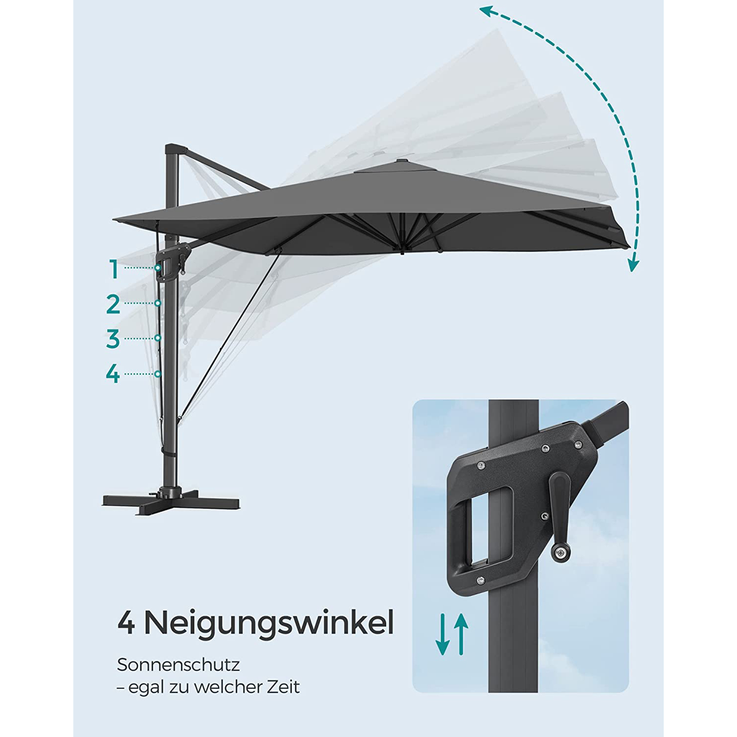 Garden Patio Cantilever Parasol 3 x 3 m, Square Offset Banana Hanging Parasol Umbrella, UPF 50+, 360° rotasjon, justerbar tilt, sveiv for åpning og lukking, med fot, grå GPU039G01 - Bilde 4