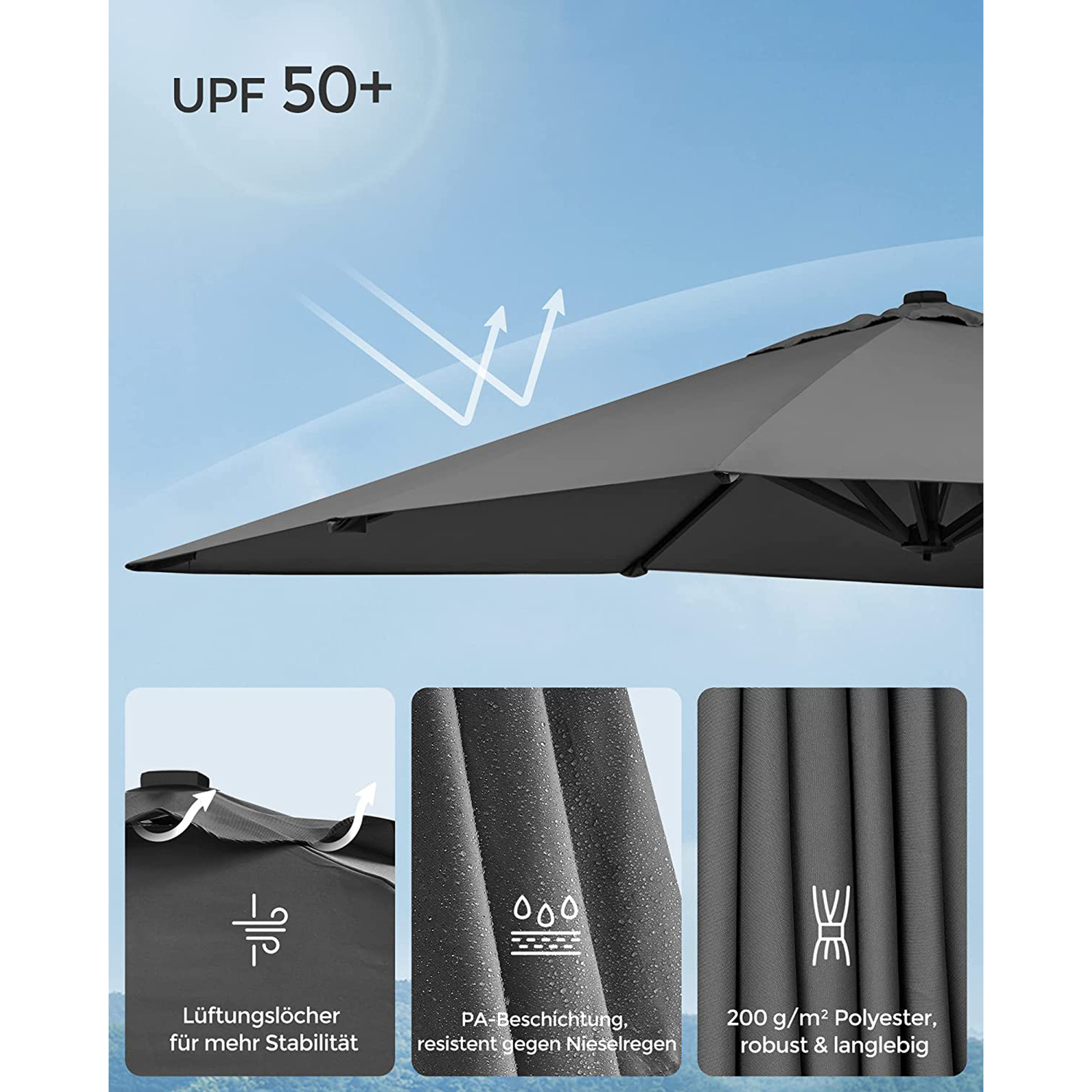 Garden Patio Cantilever Parasol 3 x 3 m, Square Offset Banana Hanging Parasol Umbrella, UPF 50+, 360° rotasjon, justerbar tilt, sveiv for åpning og lukking, med fot, grå GPU039G01 - Bilde 5