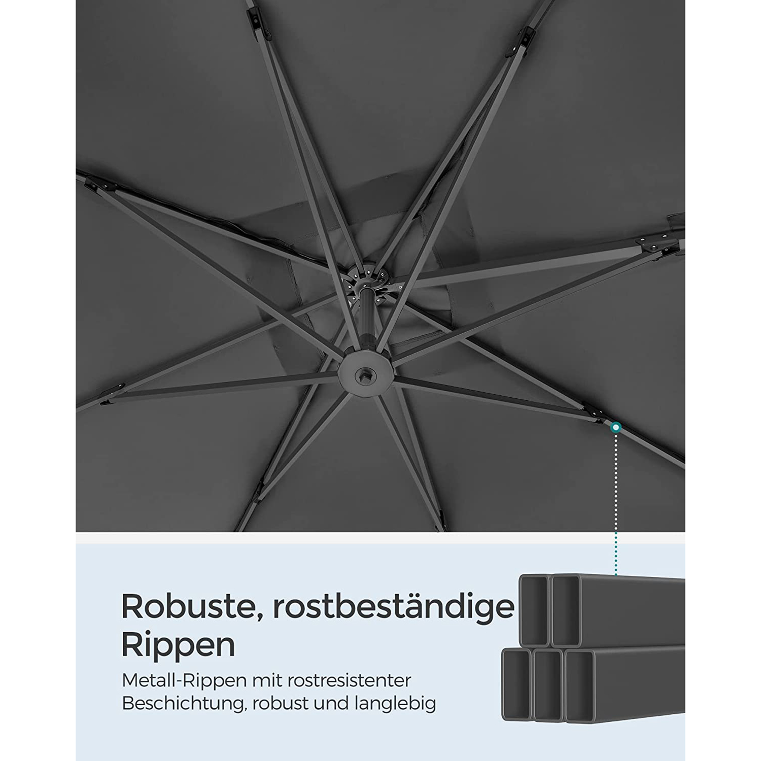 Garden Patio Cantilever Parasol 3 x 3 m, Square Offset Banana Hanging Parasol Umbrella, UPF 50+, 360° rotasjon, justerbar tilt, sveiv for åpning og lukking, med fot, grå GPU039G01 - Bilde 6