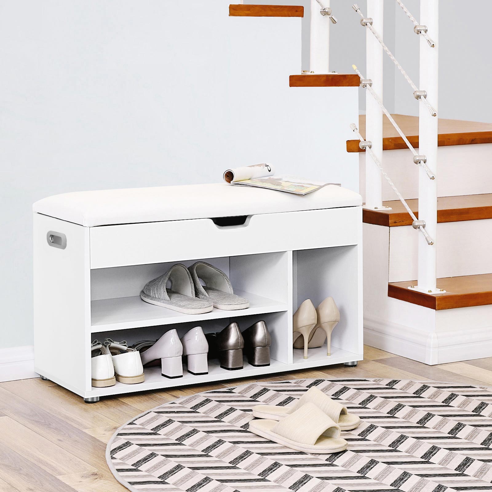Wooden Shoe Bench, Paaed Storage Seat, Hallway Cabinet with 2 Shelves and a Hidden Chest, White LHS30W - Image 4