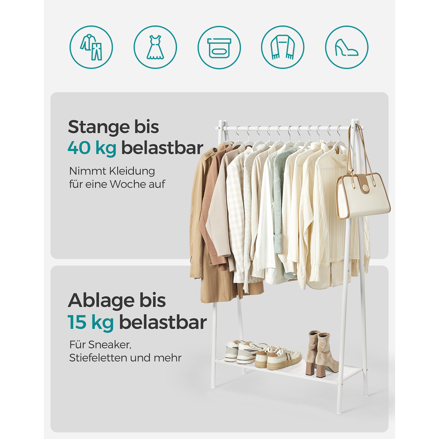 Klädstång, klädhängare, klädhängare med stålram, med hängstång och hylla, 33,5 x 92,5 x 153 cm, för sovrum, omklädningsrum, tvättstuga, vit HSR023W01 - Bild 3