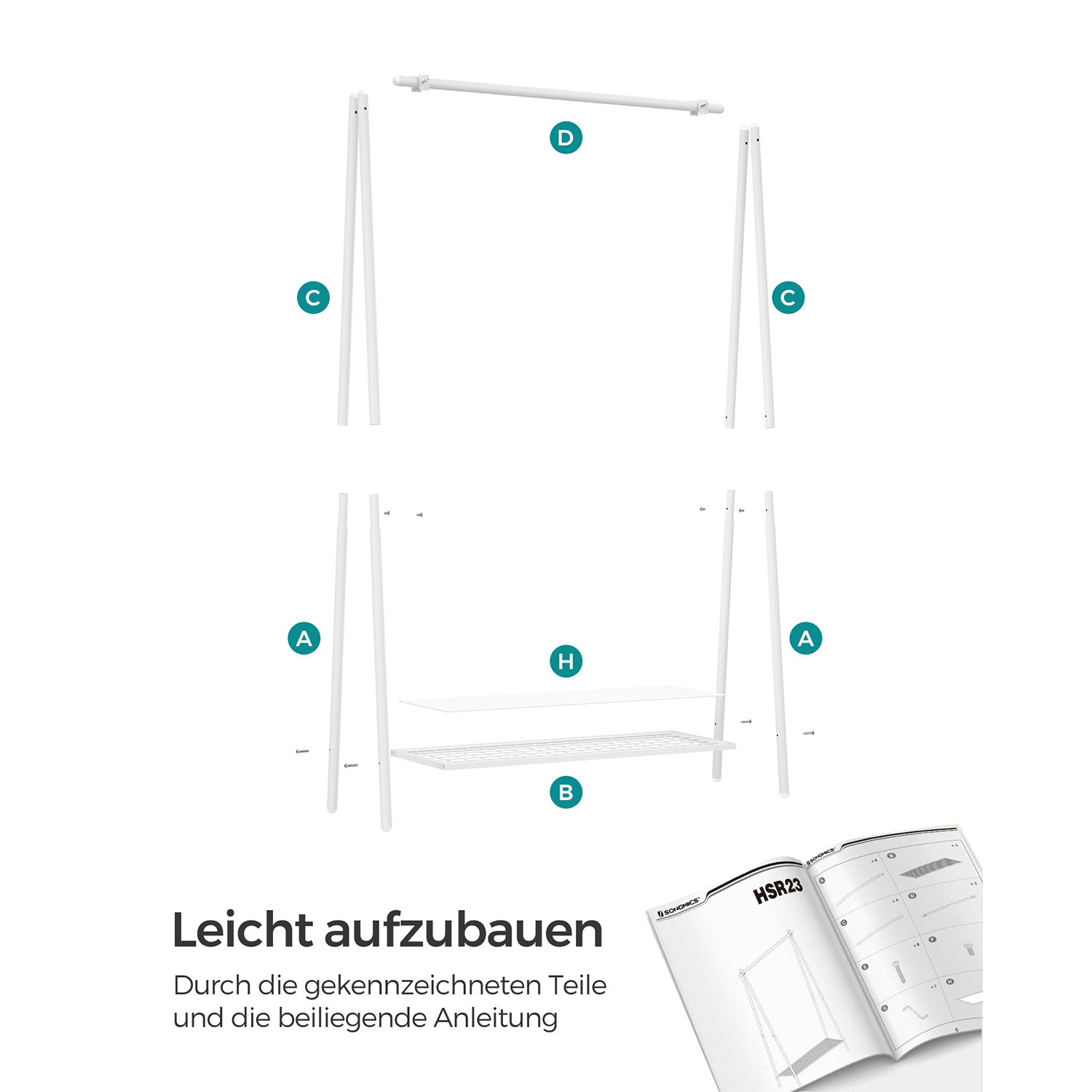 Klädstång, klädhängare, klädhängare med stålram, med hängstång och hylla, 33,5 x 92,5 x 153 cm, för sovrum, omklädningsrum, tvättstuga, vit HSR023W01 - Bild 6