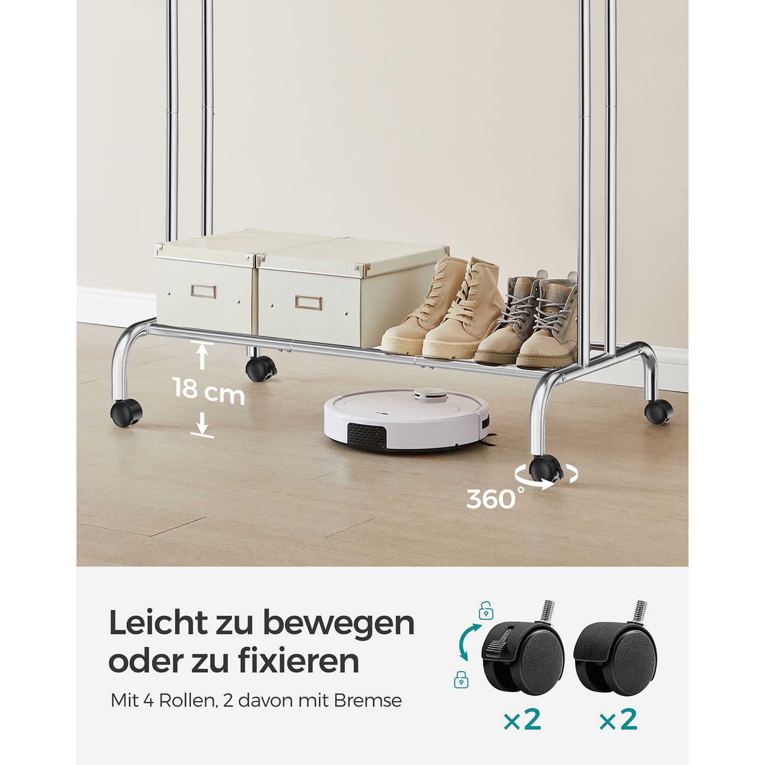 Tøjstativ, tøjstativ, dobbelt tøjstativ, kraftig metalramme, med hjul og hylde, 100 kg total max. belastning, 103,5 cm bred, tøjopbevaring, sølv HSR107E01 - Billede 5