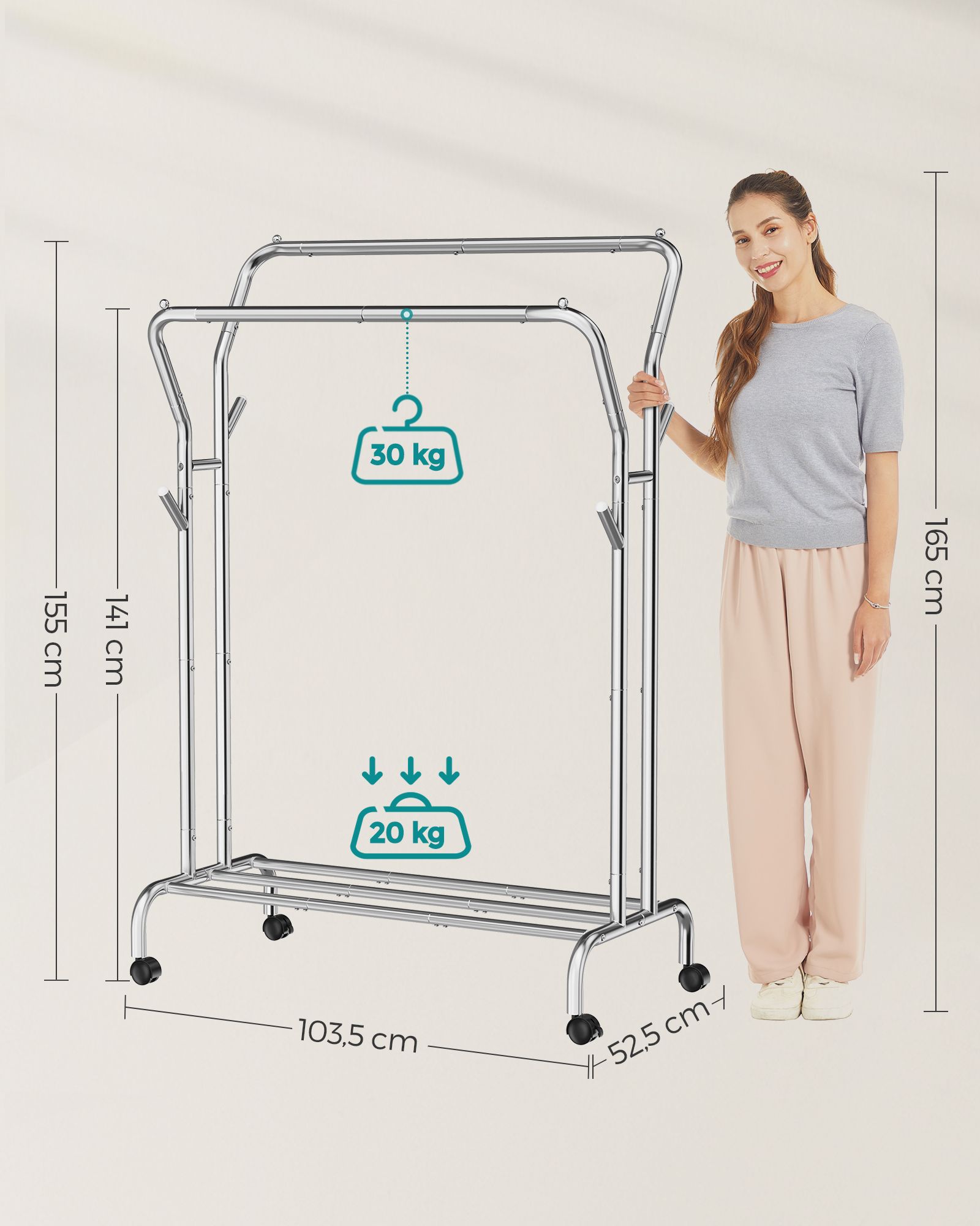 Tøjstativ, tøjstativ, dobbelt tøjstativ, kraftig metalramme, med hjul og hylde, 100 kg total max. belastning, 103,5 cm bred, tøjopbevaring, sølv HSR107E01 - Billede 6