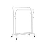 Klesstativ, klesstativ, dobbelt klesstativ, kraftig metallramme, med hjul og hylle, 100 kg total maks. Last, 103,5 cm bred, klesoppbevaring, hvit HSR107W01