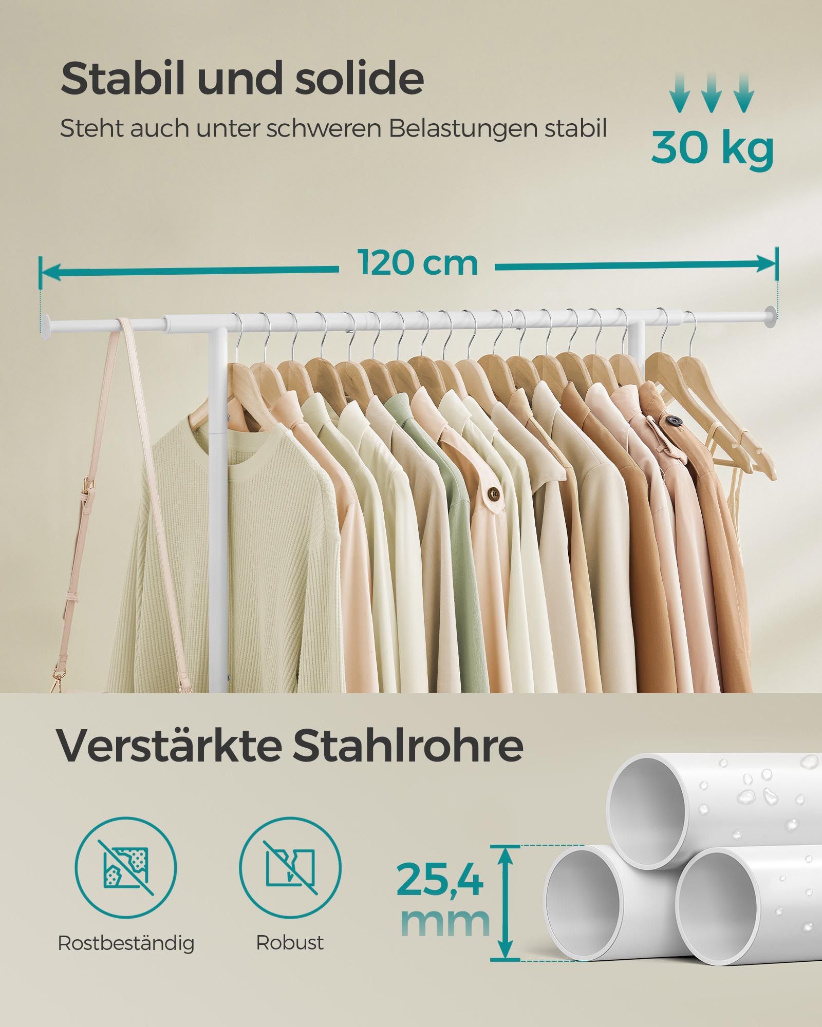 Tøjstativ på hjul, kan belastes med op til 45 kg skyhvid - Billede 4