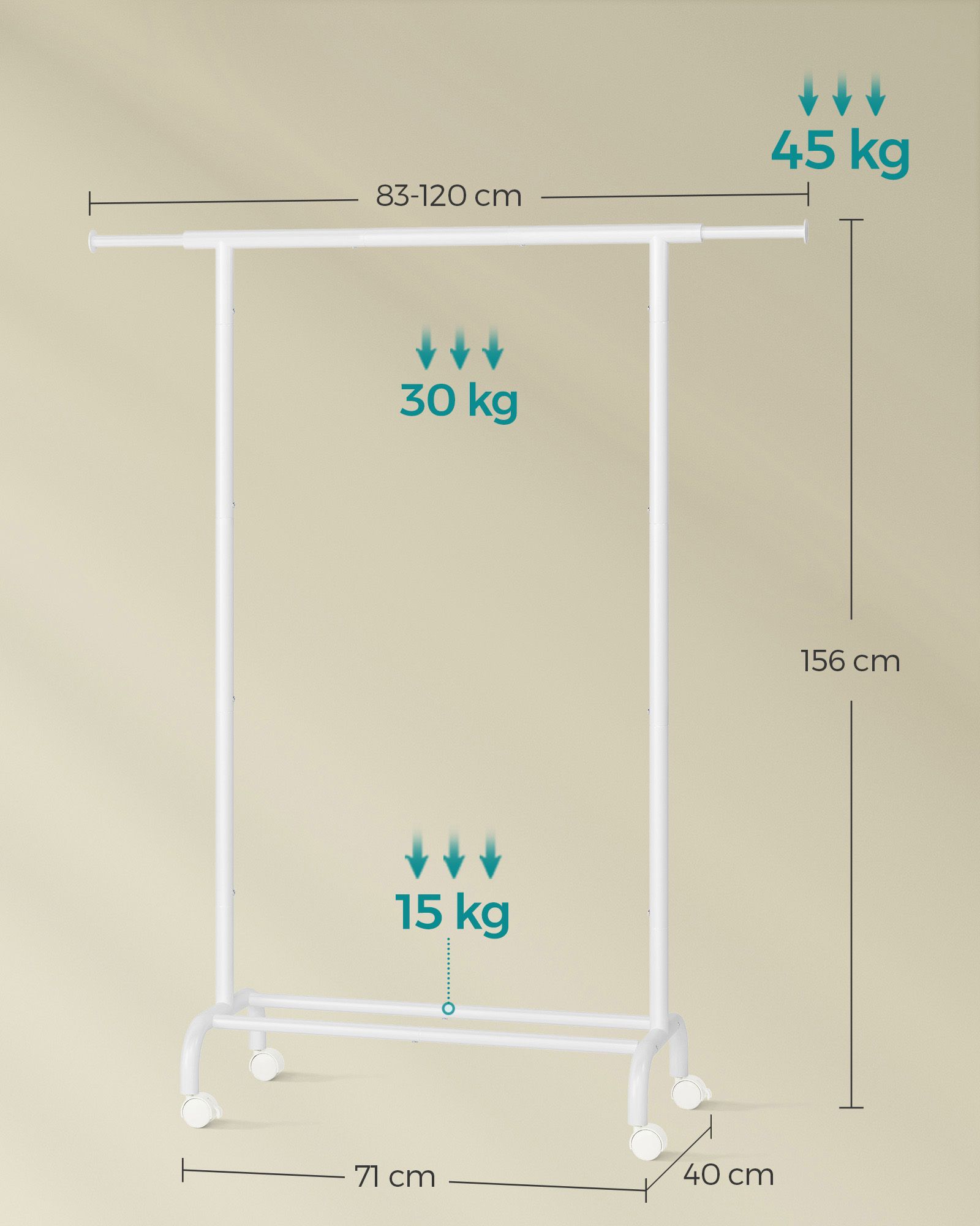Tøjstativ på hjul, kan belastes med op til 45 kg skyhvid - Billede 6