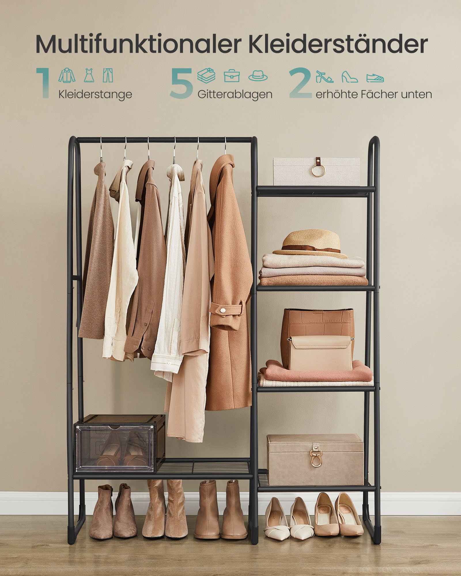 Clothes Rail, Freestanding Clothes Rack, 5 Storage Shelves, Metal Frame, 40 x 101.7 x 153.3 cm, Bedroom, Living Room, Hallway, Matte Black HSR138B01 - Image 3