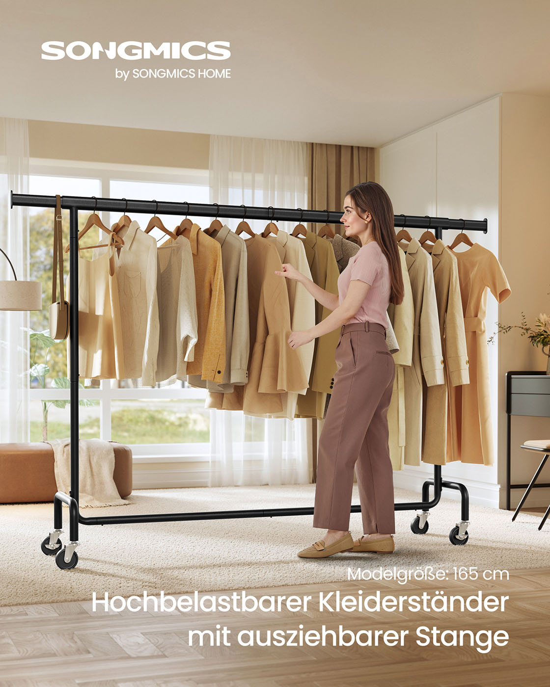 Tøjstativ på hjul 45 x (160-200) x 162,9 cm mat sort - Billede 2