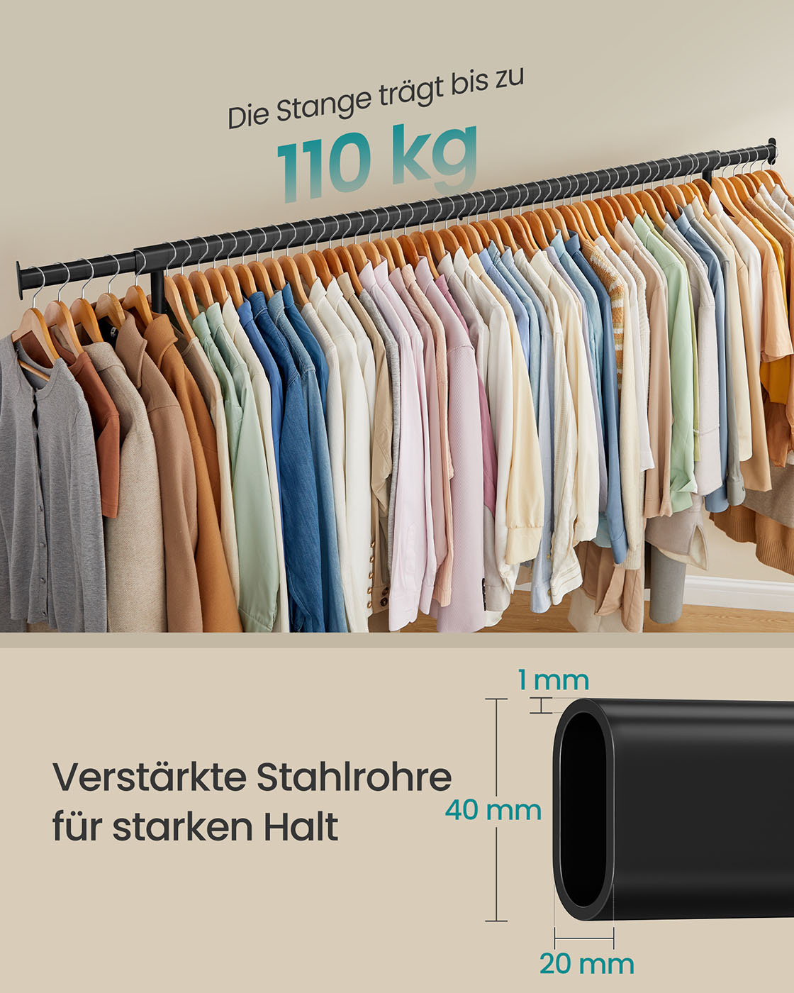 Tøjstativ på hjul 45 x (160-200) x 162,9 cm mat sort - Billede 3