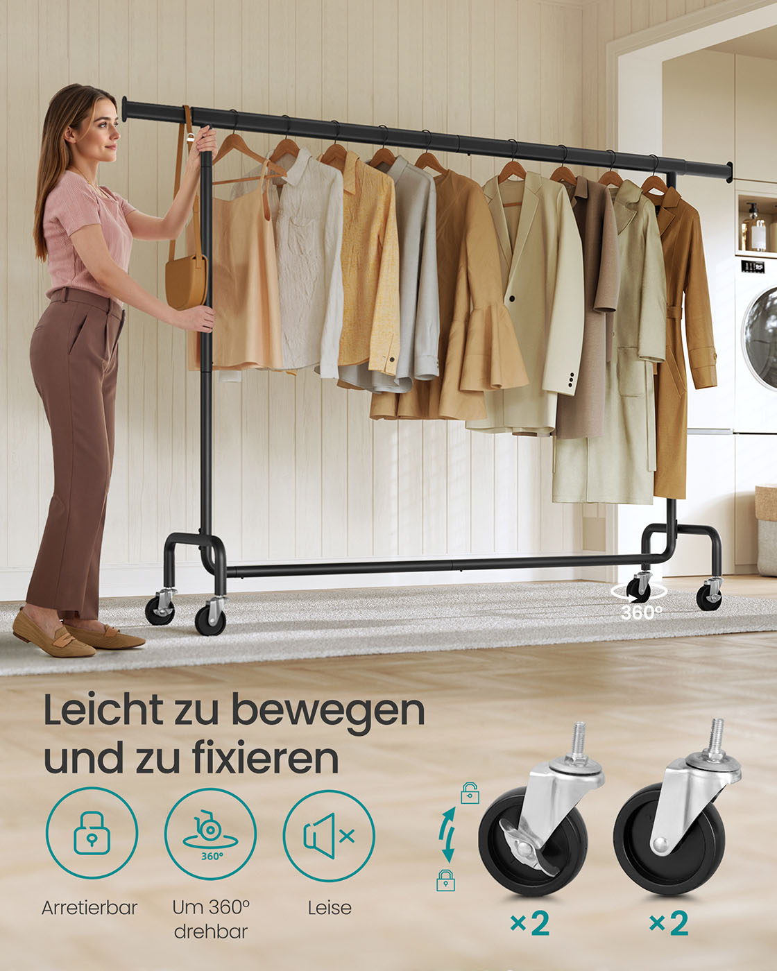 Tøjstativ på hjul 45 x (160-200) x 162,9 cm mat sort - Billede 5