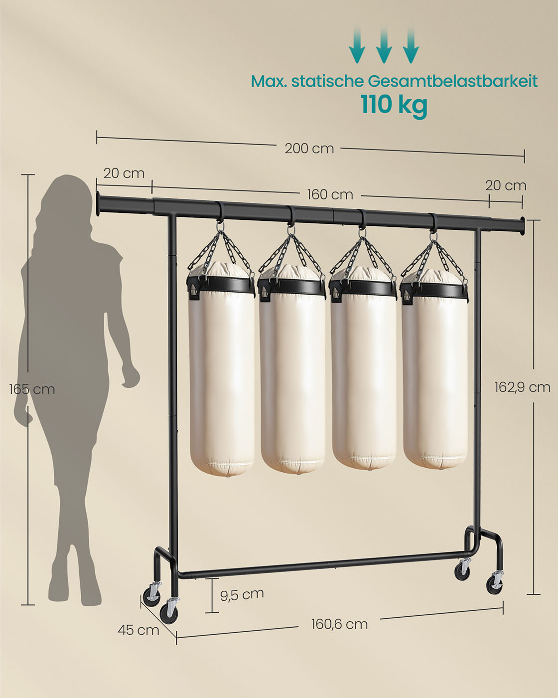 Tøjstativ på hjul 45 x (160-200) x 162,9 cm mat sort - Billede 6