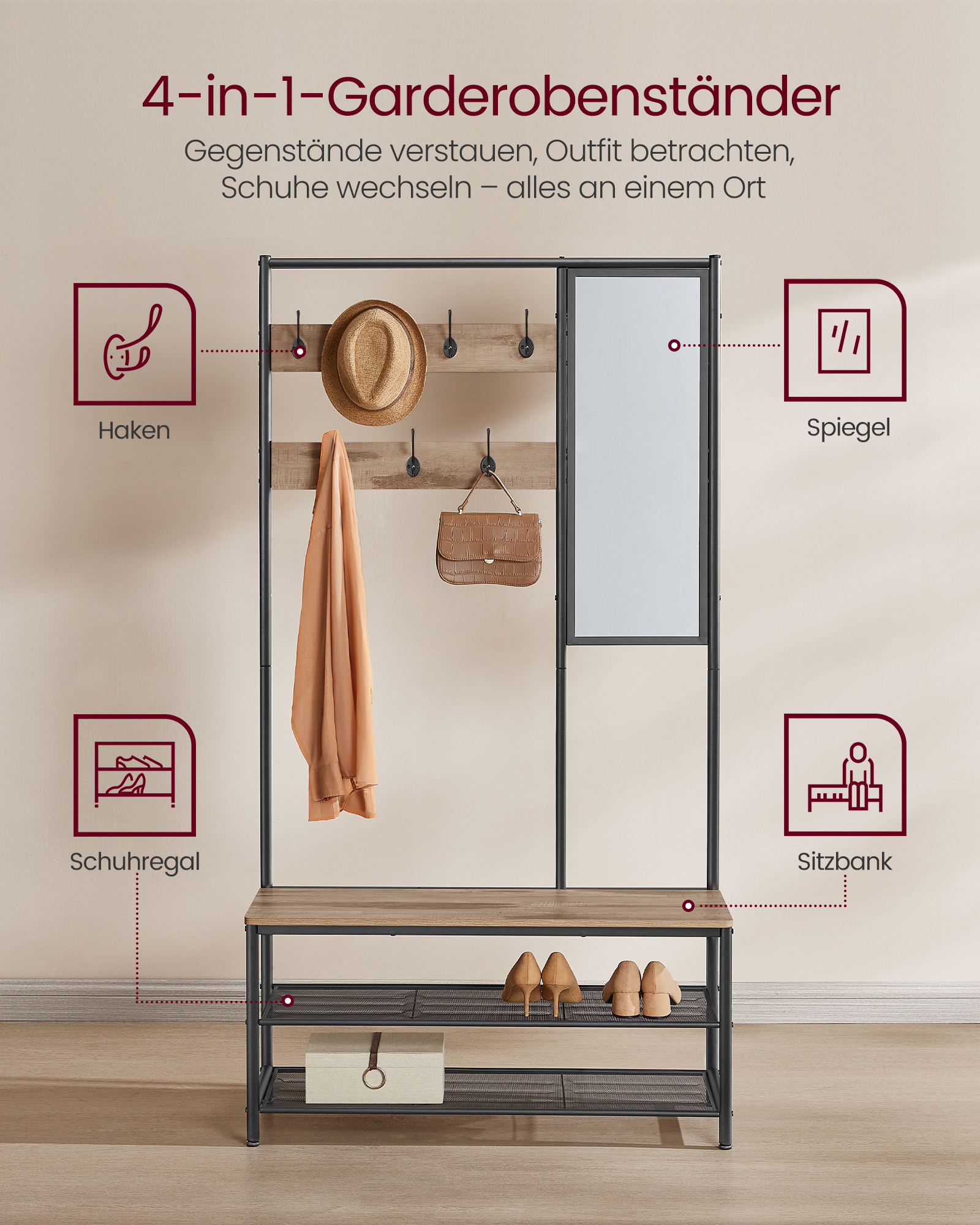Coat rack with hooks and mirror industrial style - Image 3