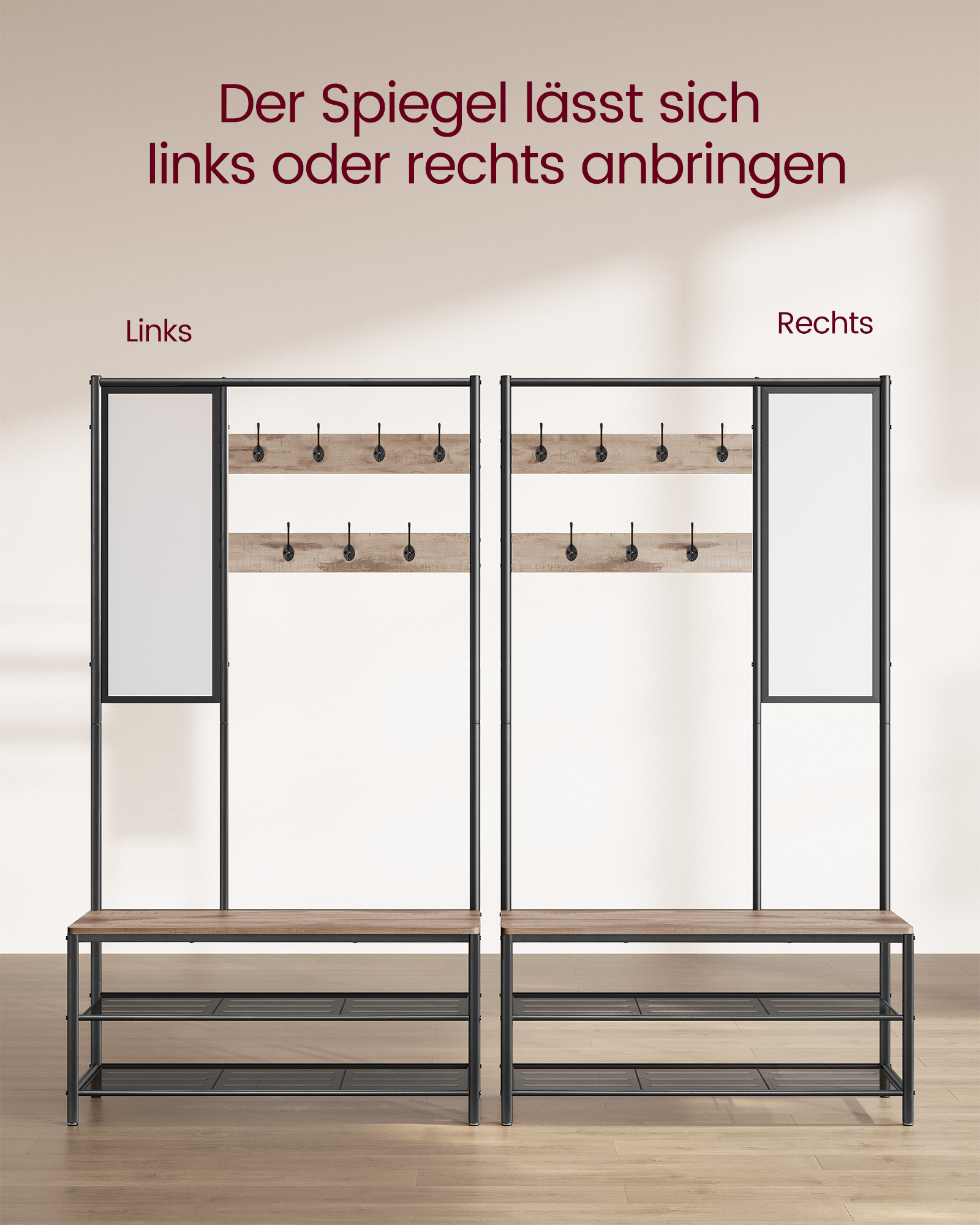 Coat rack with hooks and mirror industrial style - Image 4