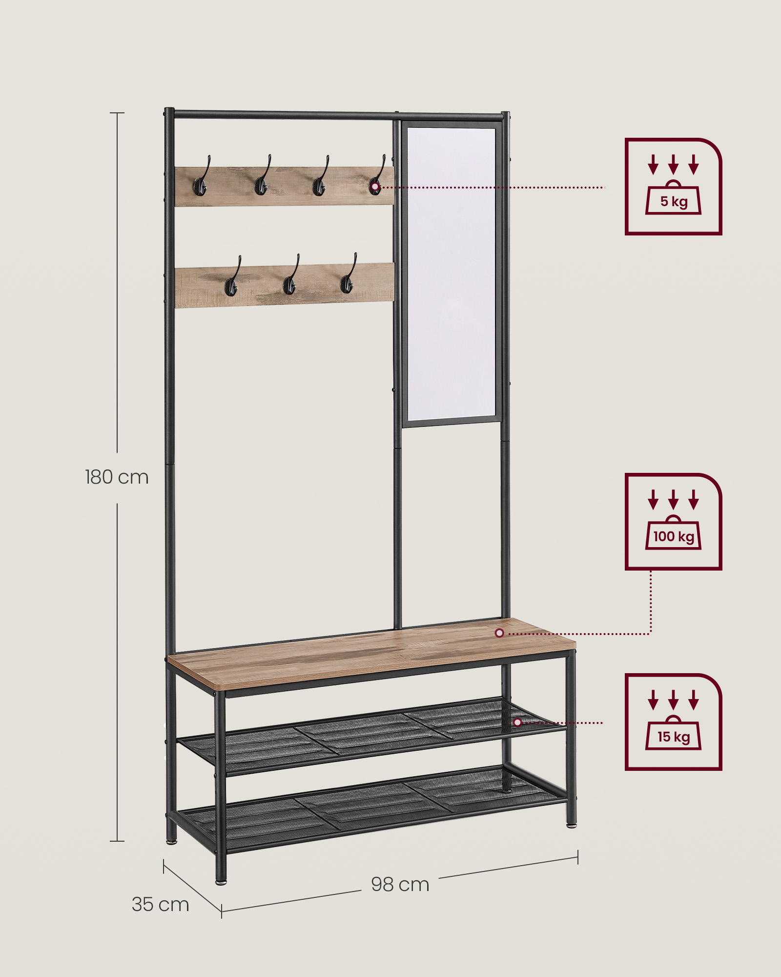 Coat rack with hooks and mirror industrial style - Image 6